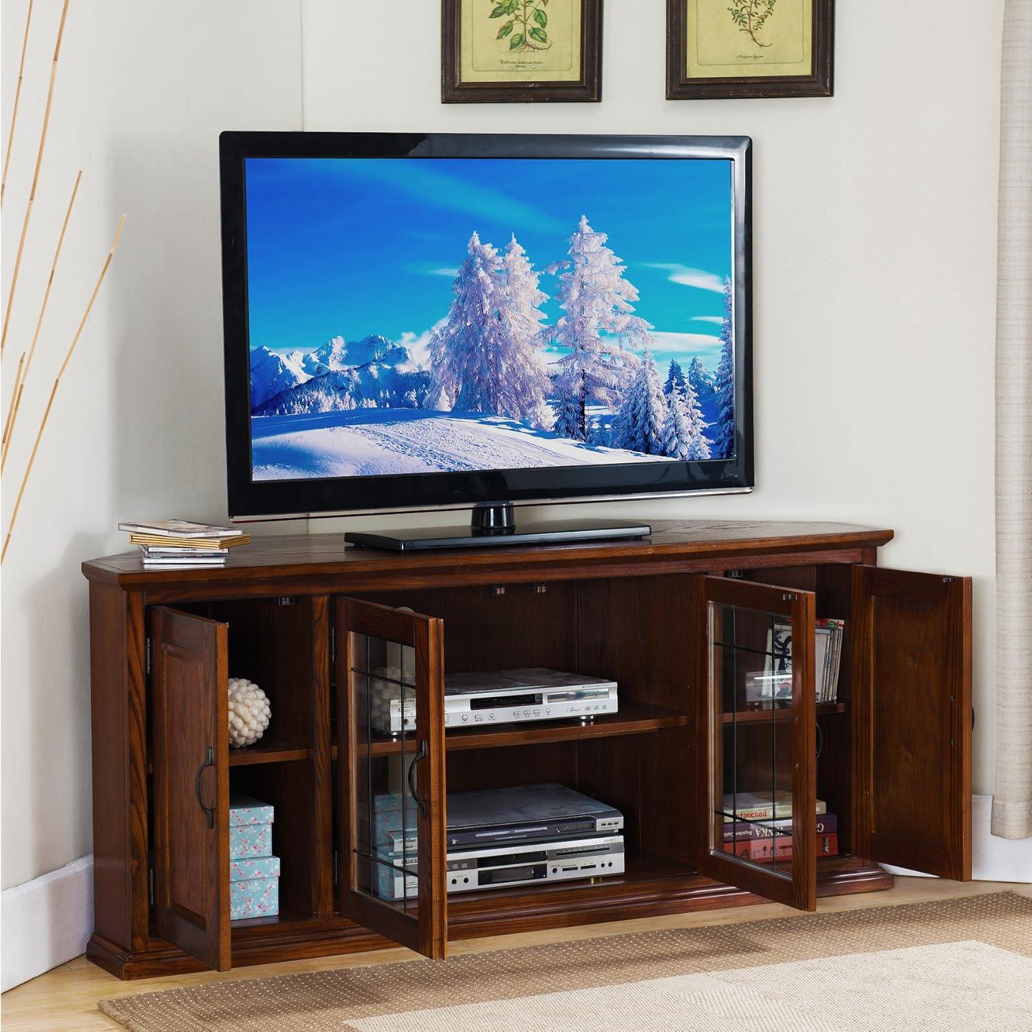imageLeick Home 84388 Two Door Corner TV Stand with Open Center Storage and Metal Base for 62 TVs Smoke Gray WashPewterGreyBurnished Oak Black