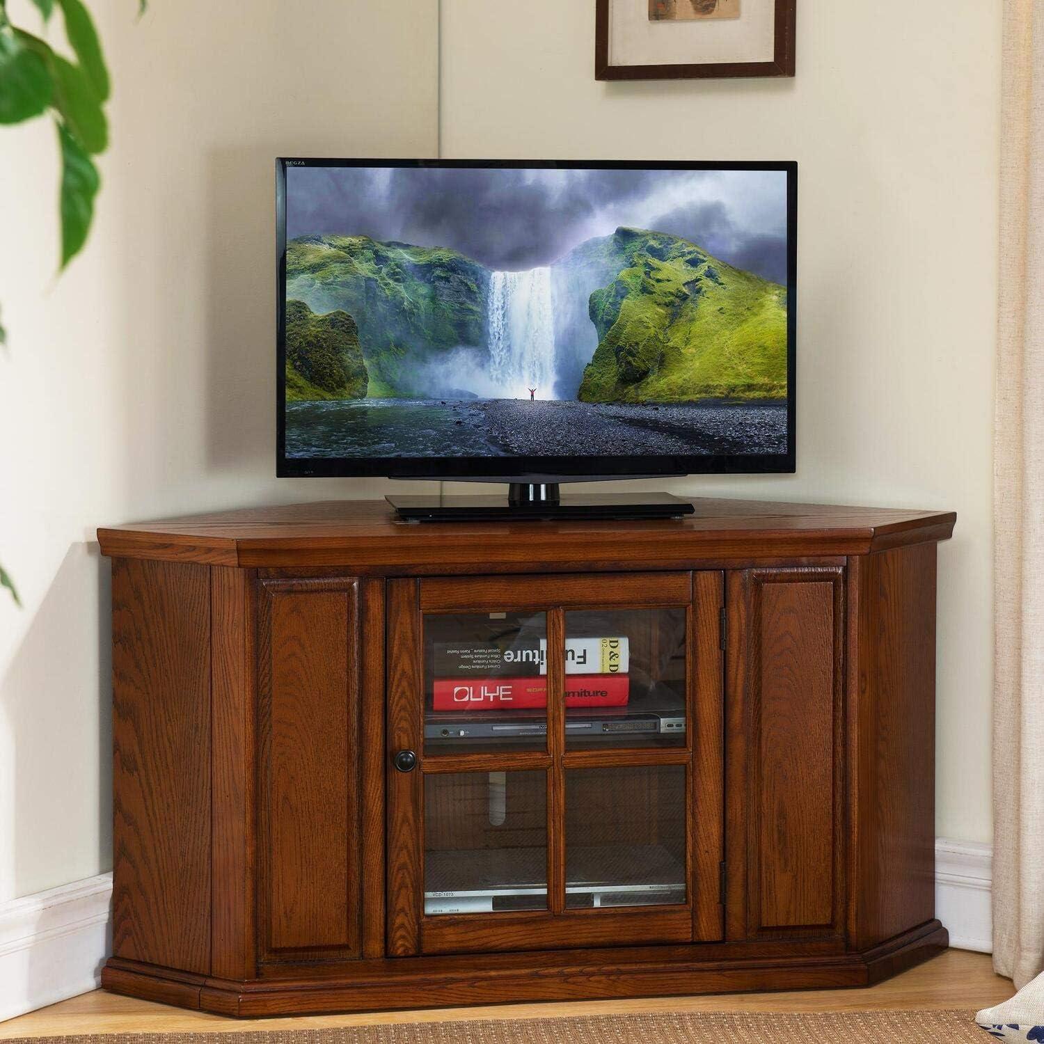 imageLeick Home 84388 Two Door Corner TV Stand with Open Center Storage and Metal Base for 62 TVs Smoke Gray WashPewterGreyMedium Oak Oil Rubbed Bronze