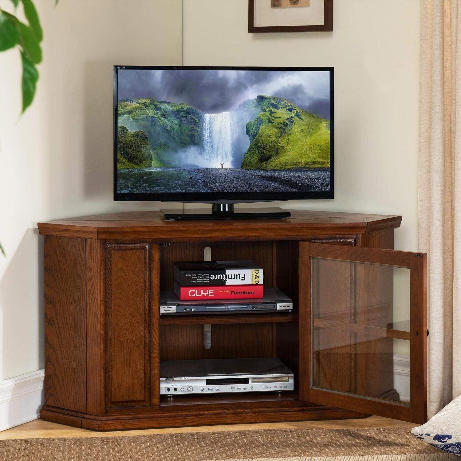 imageLeick Home 84388 Two Door Corner TV Stand with Open Center Storage and Metal Base for 62 TVs Smoke Gray WashPewterGreyMedium Oak Oil Rubbed Bronze