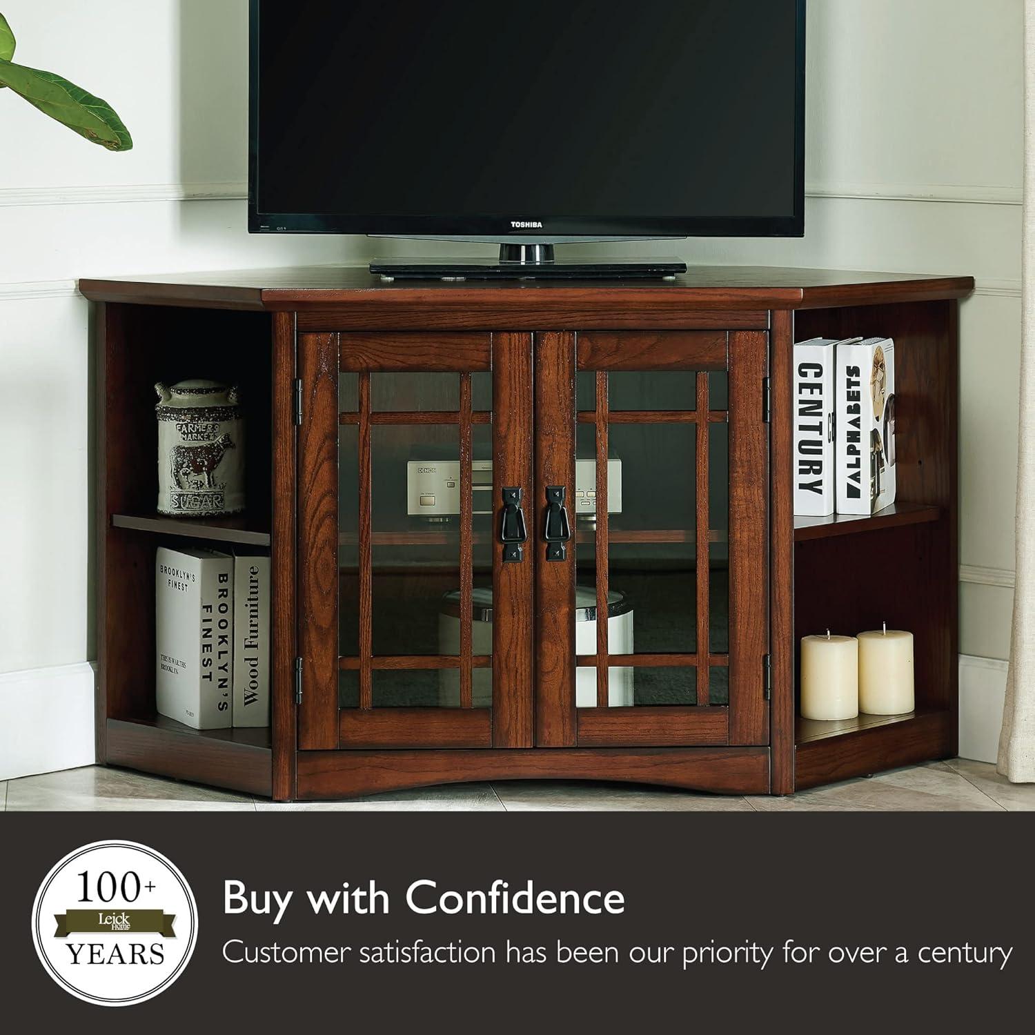 imageLeick Home 84388 Two Door Corner TV Stand with Open Center Storage and Metal Base for 62 TVs Smoke Gray WashPewterGreyMission Oak Blackened