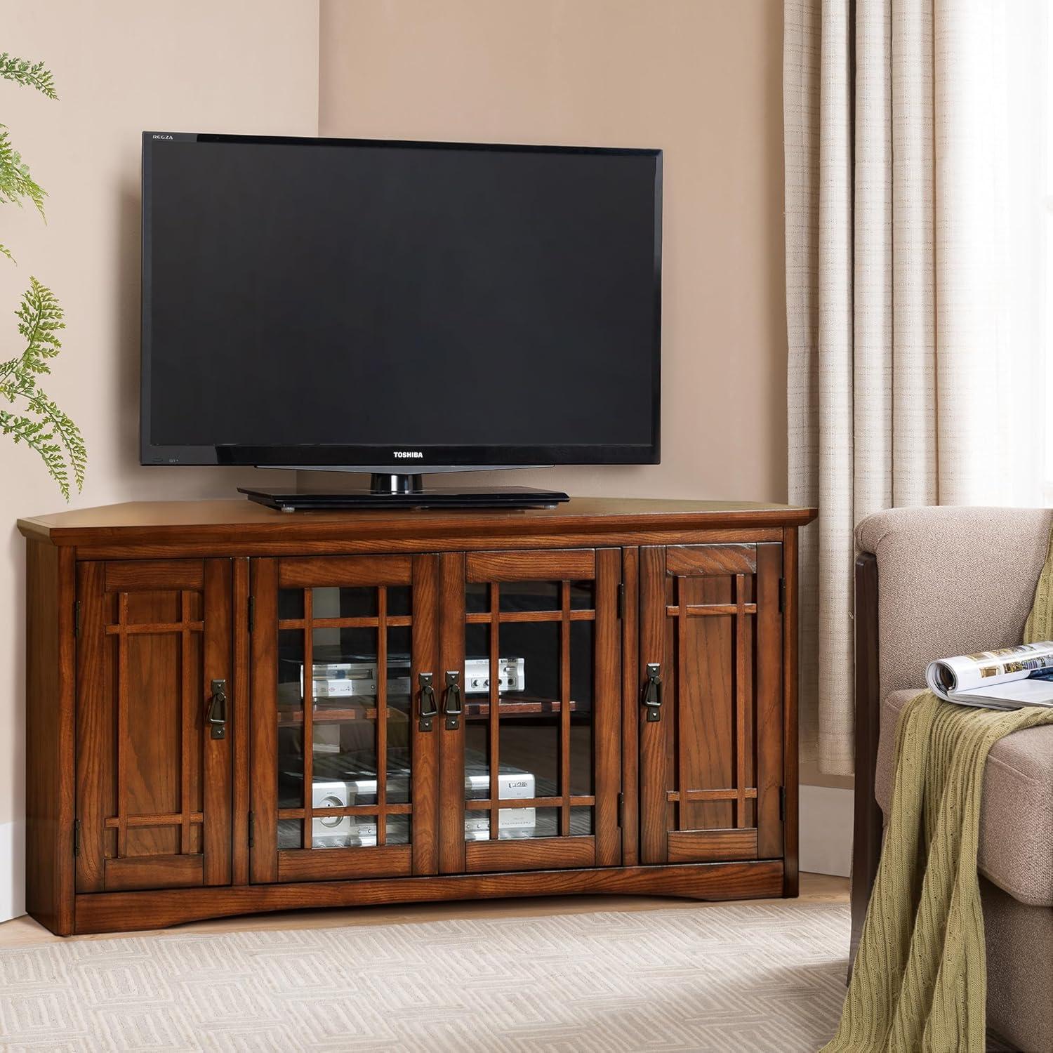 imageLeick Home 84388 Two Door Corner TV Stand with Open Center Storage and Metal Base for 62 TVs Smoke Gray WashPewterGreyMission Oak Blackened