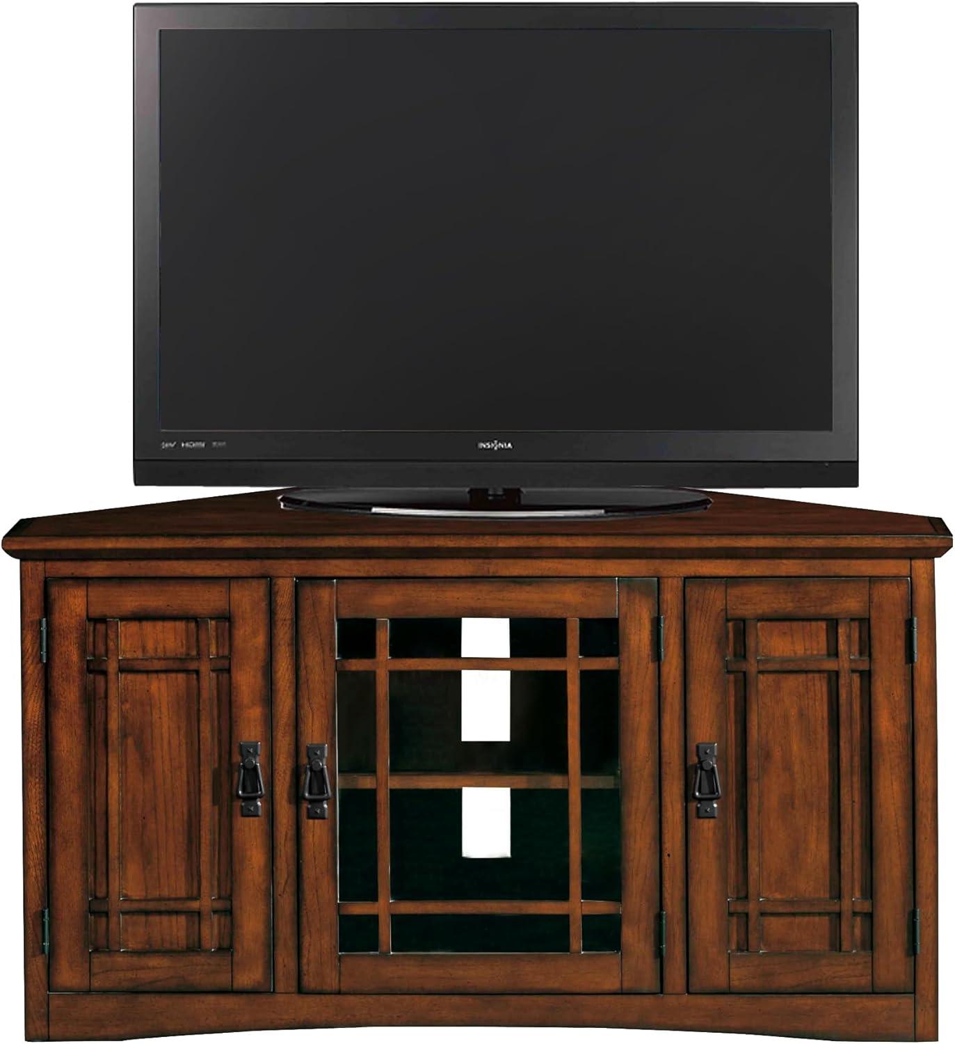 imageLeick Home 84388 Two Door Corner TV Stand with Open Center Storage and Metal Base for 62 TVs Smoke Gray WashPewterGreyMission Oak Blackened