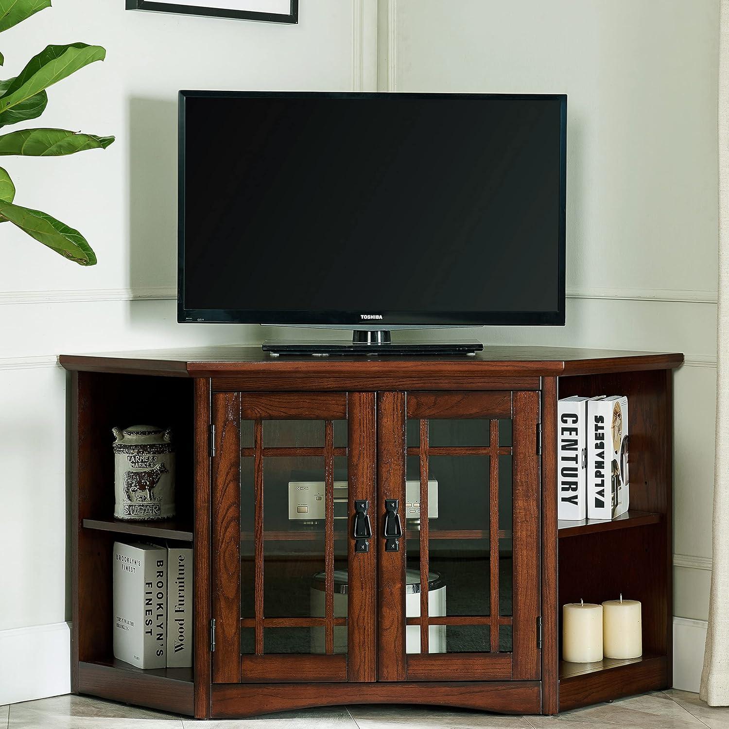 imageLeick Home 84388 Two Door Corner TV Stand with Open Center Storage and Metal Base for 62 TVs Smoke Gray WashPewterGreyMission Oak Blackened