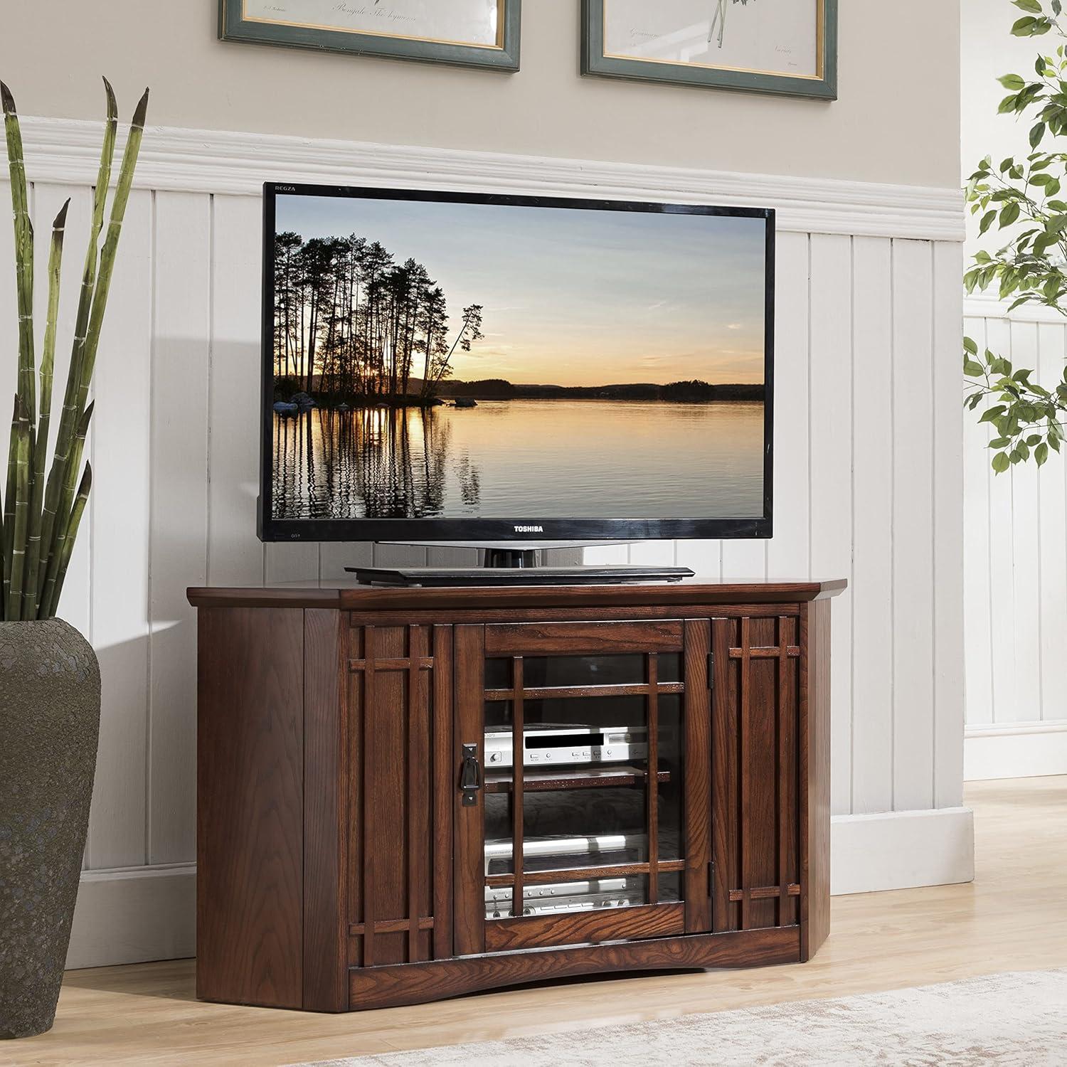 imageLeick Home 84388 Two Door Corner TV Stand with Open Center Storage and Metal Base for 62 TVs Smoke Gray WashPewterGreyMission Oak Blackened