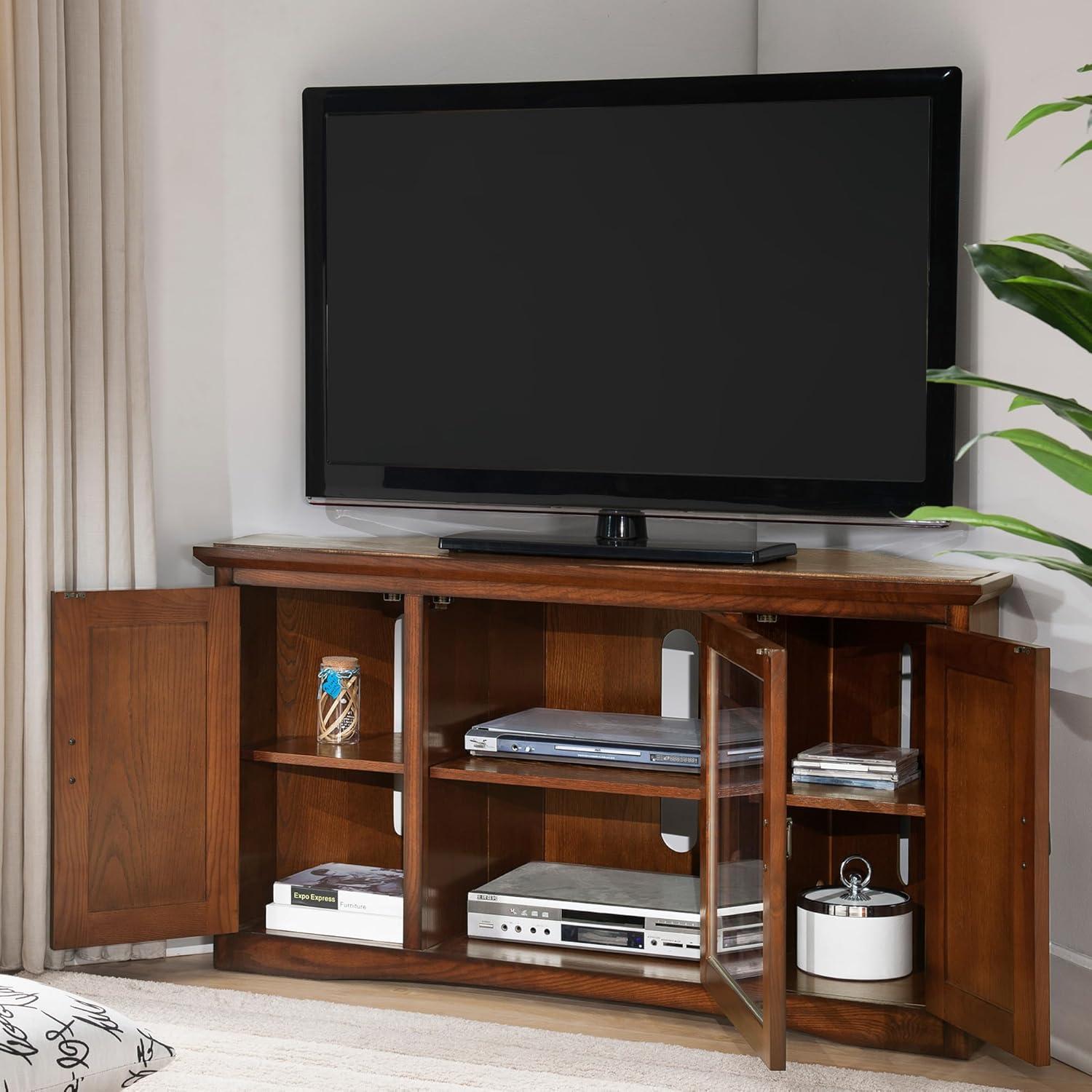 imageLeick Home 84388 Two Door Corner TV Stand with Open Center Storage and Metal Base for 62 TVs Smoke Gray WashPewterGreyMission Oak Blackened