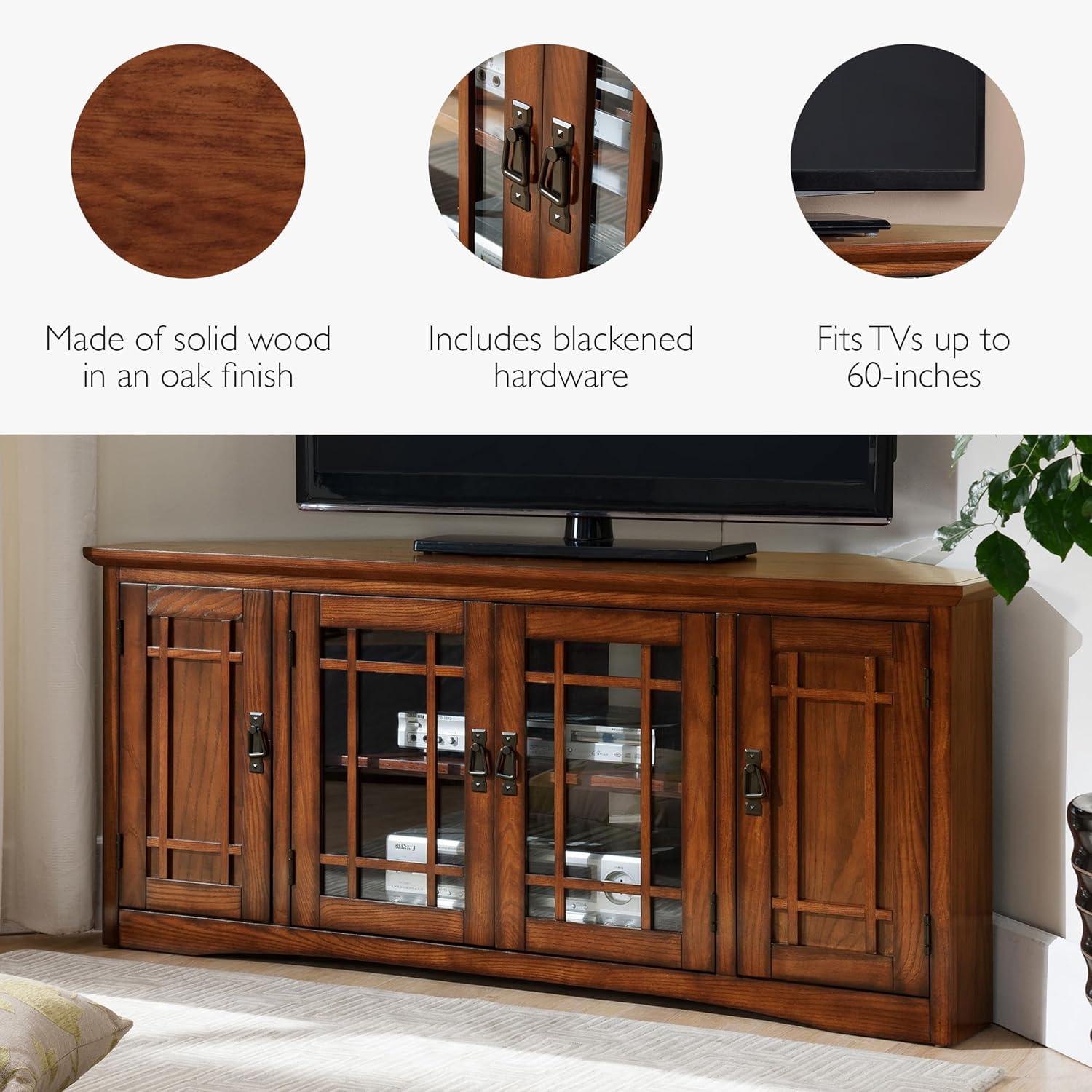 imageLeick Home 84388 Two Door Corner TV Stand with Open Center Storage and Metal Base for 62 TVs Smoke Gray WashPewterGreyMission Oak Blackened