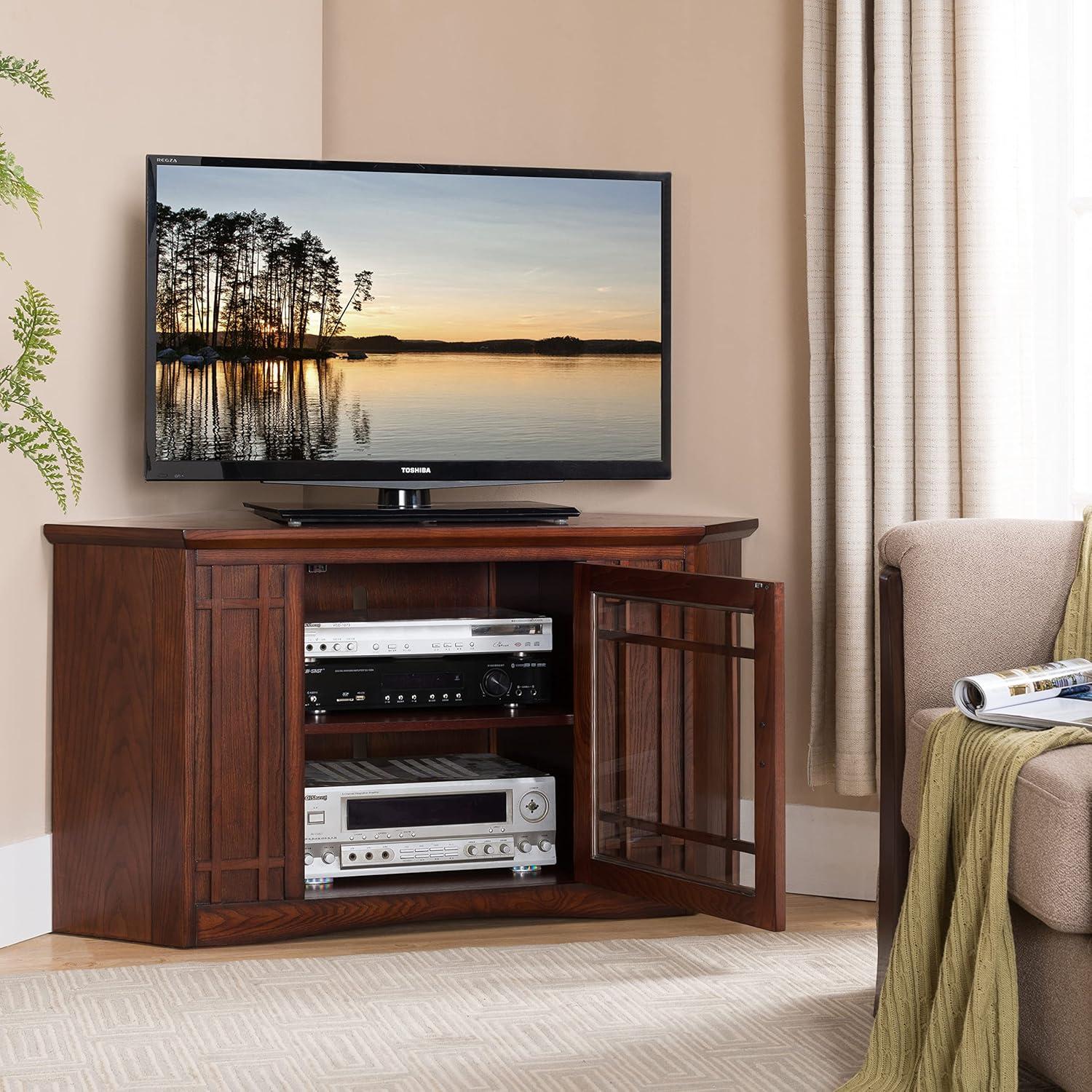 imageLeick Home 84388 Two Door Corner TV Stand with Open Center Storage and Metal Base for 62 TVs Smoke Gray WashPewterGreyMission Oak Blackened