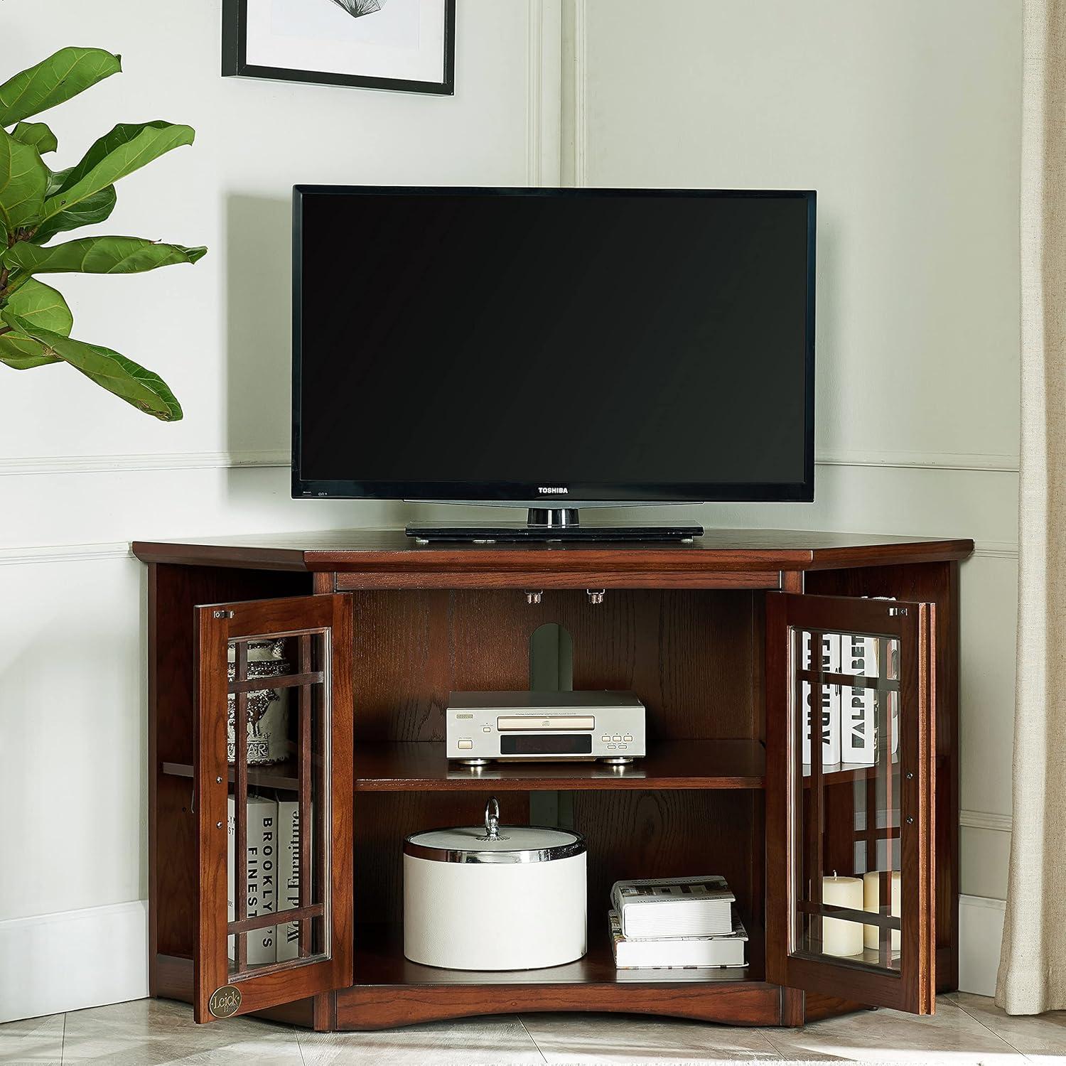 imageLeick Home 84388 Two Door Corner TV Stand with Open Center Storage and Metal Base for 62 TVs Smoke Gray WashPewterGreyMission Oak Blackened