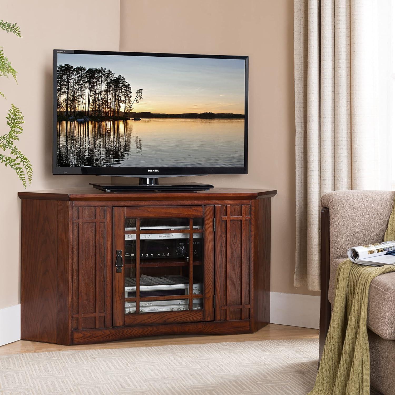 imageLeick Home 84388 Two Door Corner TV Stand with Open Center Storage and Metal Base for 62 TVs Smoke Gray WashPewterGreyMission Oak Blackened
