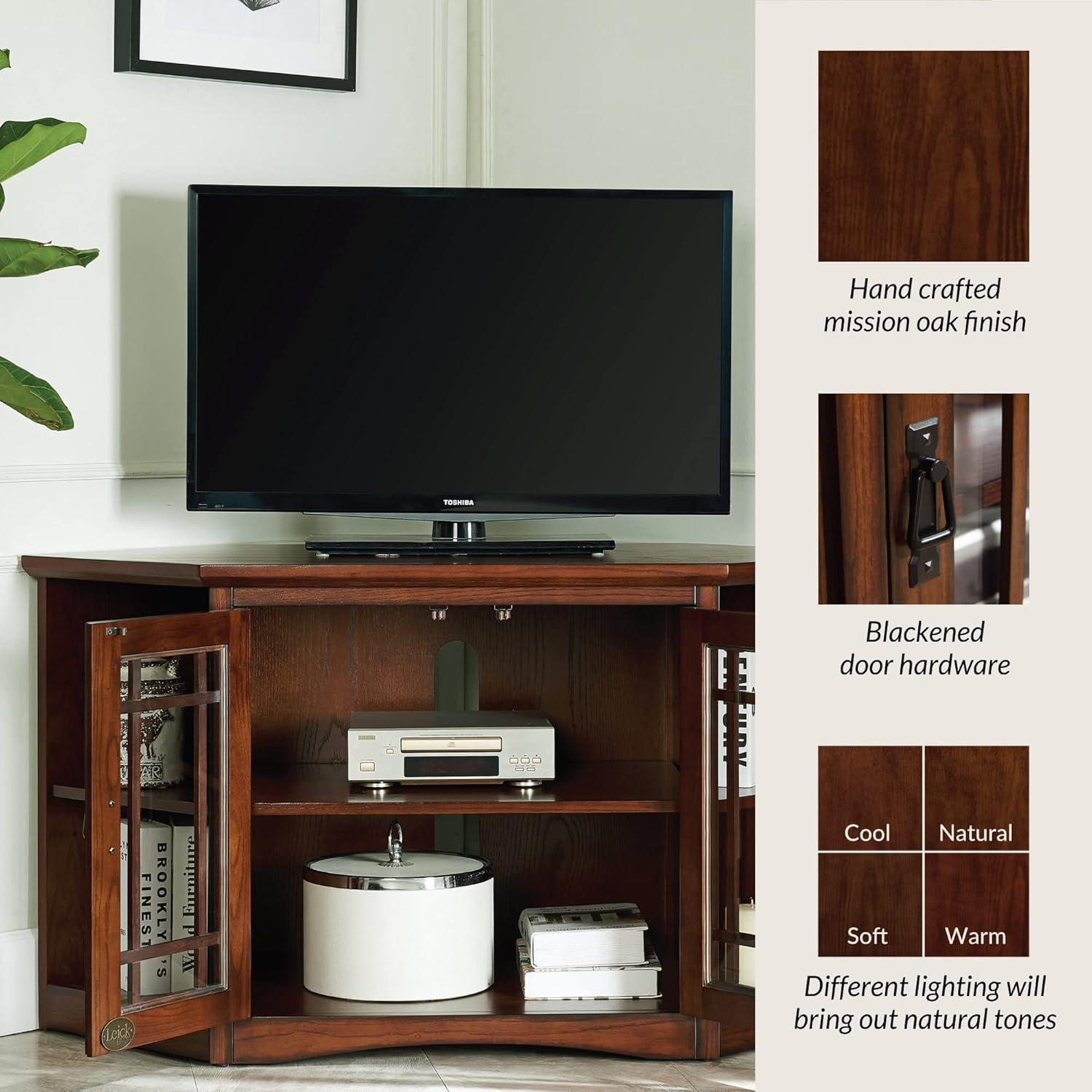 imageLeick Home 84388 Two Door Corner TV Stand with Open Center Storage and Metal Base for 62 TVs Smoke Gray WashPewterGreyMission Oak Blackened