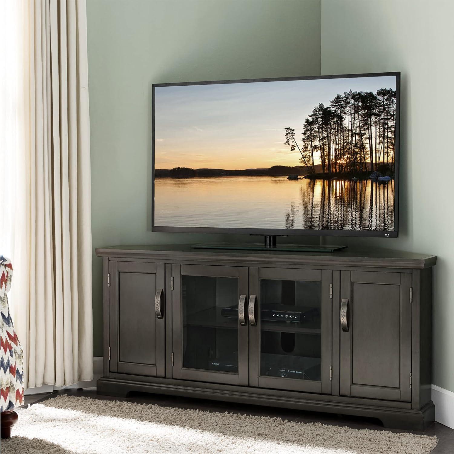 imageLeick Home 84388 Two Door Corner TV Stand with Open Center Storage and Metal Base for 62 TVs Smoke Gray WashPewterGreyRiverstone Pewter