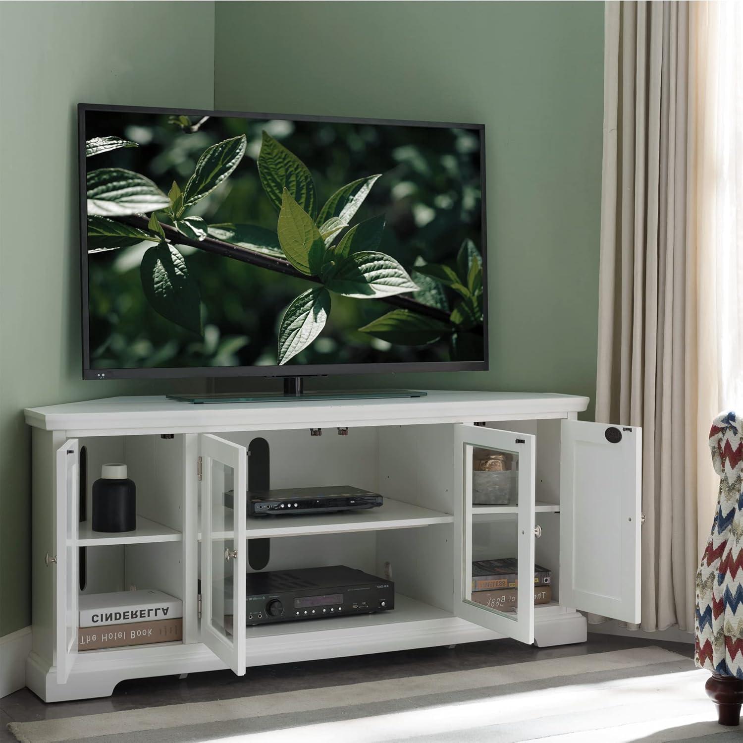imageLeick Home 84388 Two Door Corner TV Stand with Open Center Storage and Metal Base for 62 TVs Smoke Gray WashPewterGreyWhite Brushed Nickel
