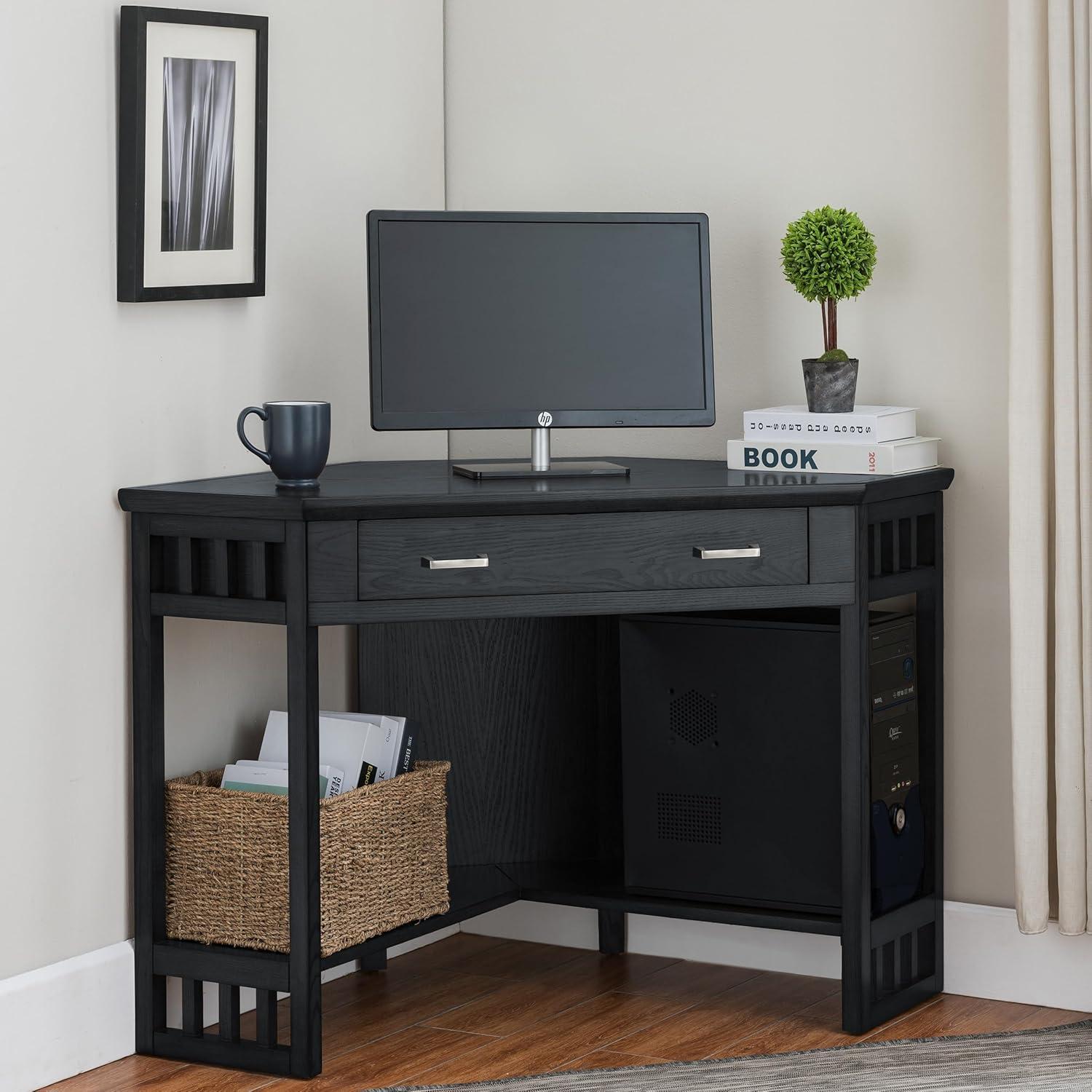 imageLeick Home 84430 Oak Corner ComputerWriting Desk with Drawer Smoke GrayBlack