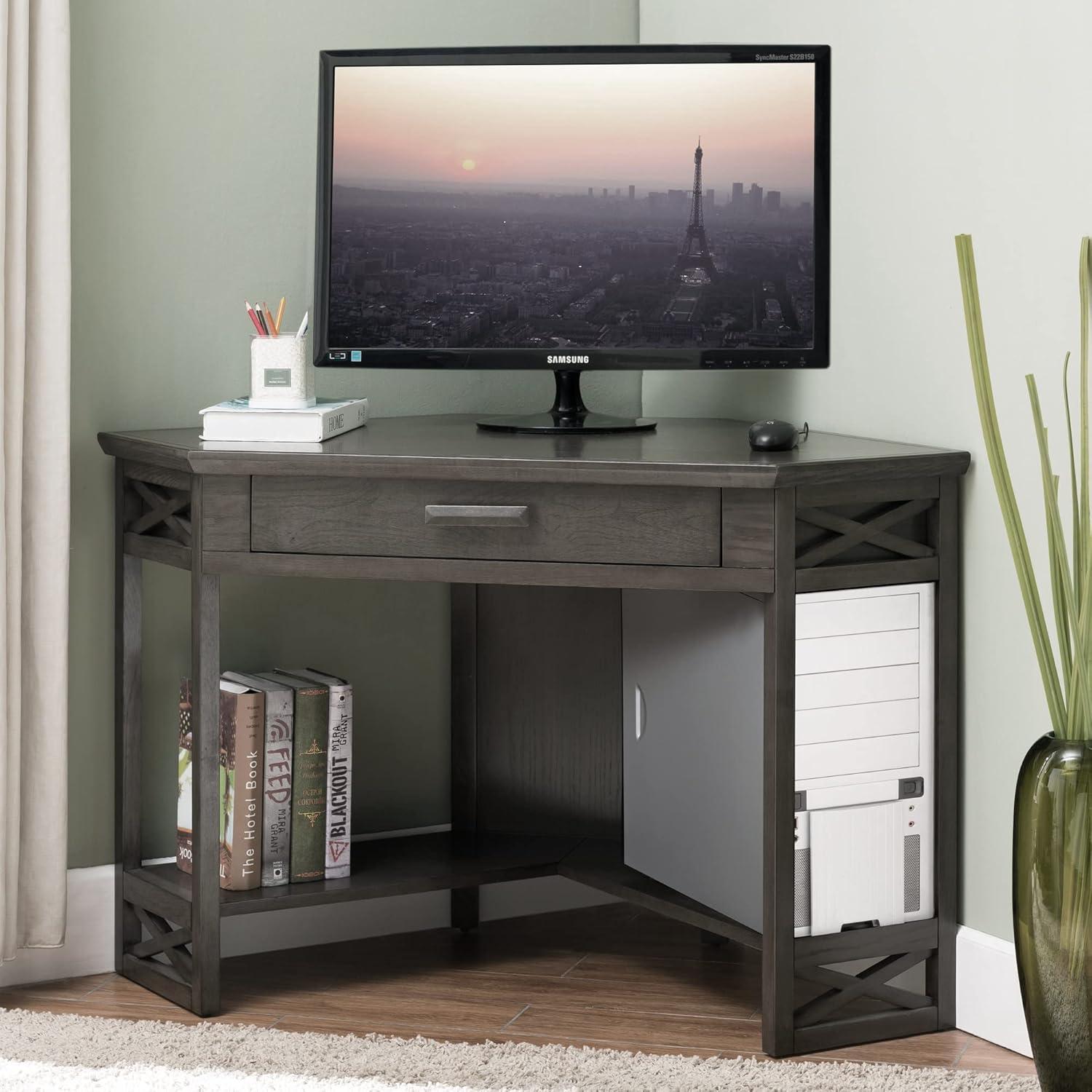 imageLeick Home 84430 Oak Corner ComputerWriting Desk with Drawer Smoke GraySmoke Gray