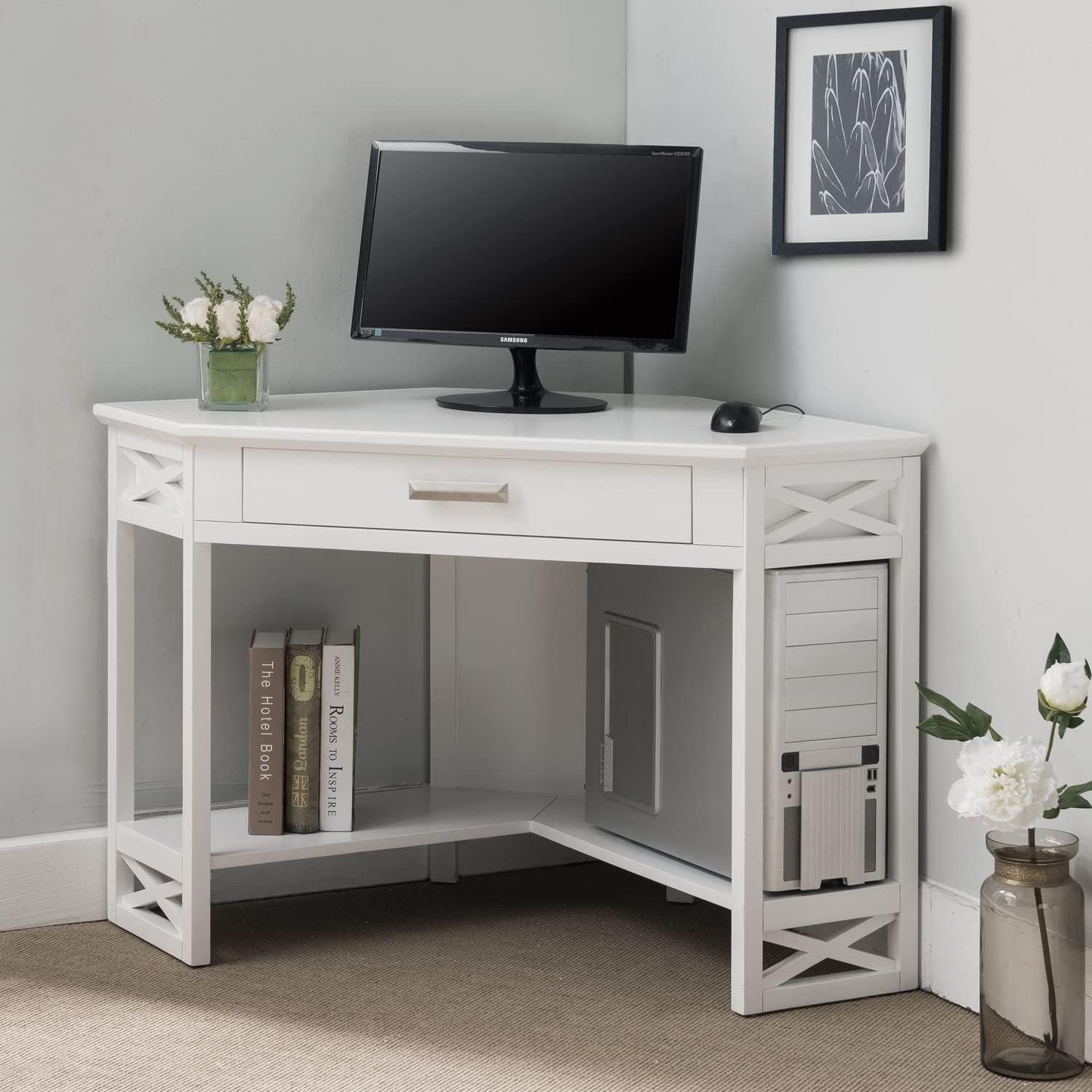 imageLeick Home 84430 Oak Corner ComputerWriting Desk with Drawer Smoke GrayWhiteBrushed Nickel