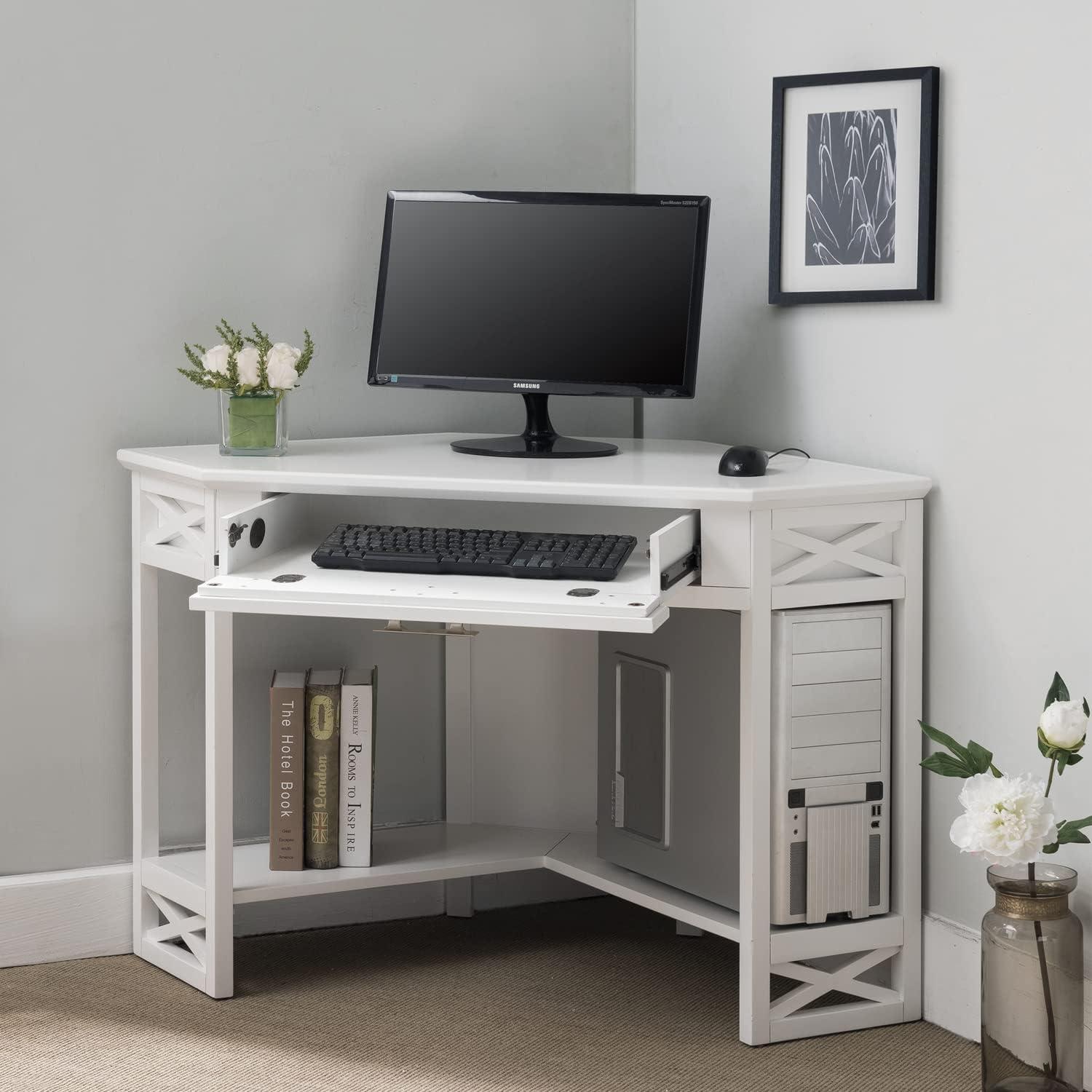 imageLeick Home 84430 Oak Corner ComputerWriting Desk with Drawer Smoke GrayWhiteBrushed Nickel