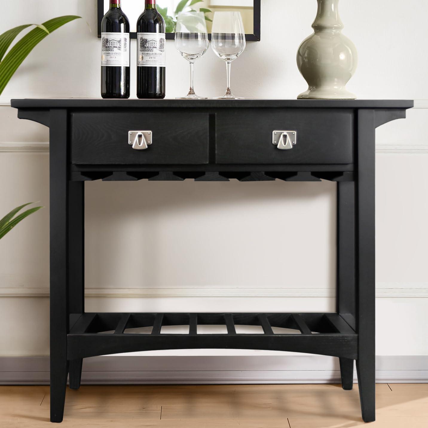 imageLeick Home 9061SL Mission Wine Stand with Glass and Bottle Storage Two Drawer for Buffet Dining Room Living Room Kitchen Slate Black FinishBlack