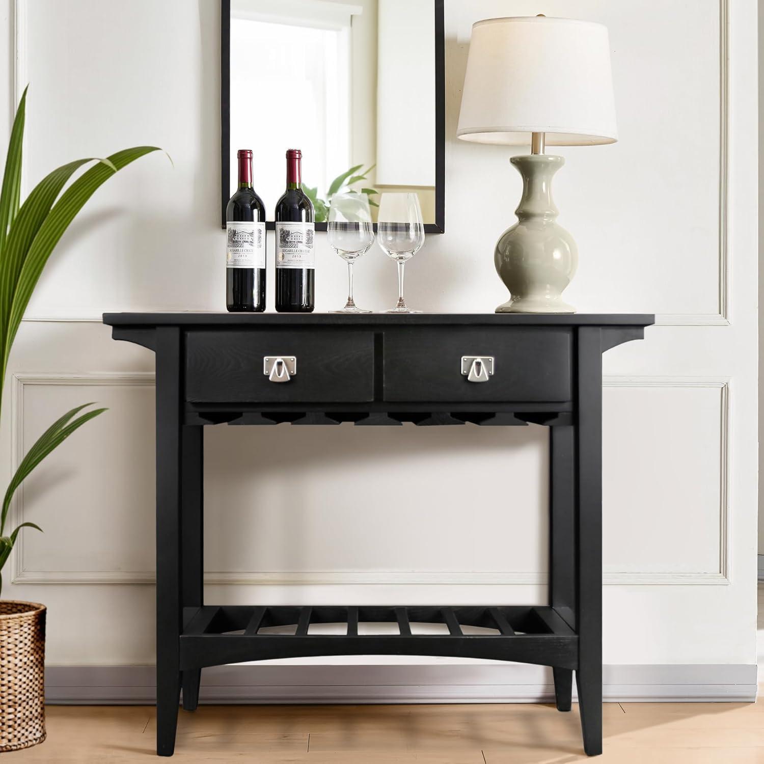 imageLeick Home 9061SL Mission Wine Stand with Glass and Bottle Storage Two Drawer for Buffet Dining Room Living Room Kitchen Slate Black FinishBlack
