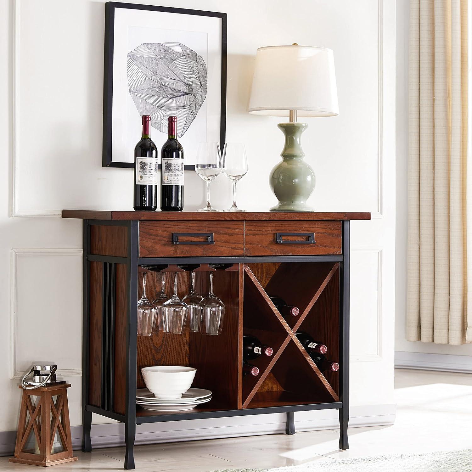 imageLeick Home 9061SL Mission Wine Stand with Glass and Bottle Storage Two Drawer for Buffet Dining Room Living Room Kitchen Slate Black FinishMission Oak
