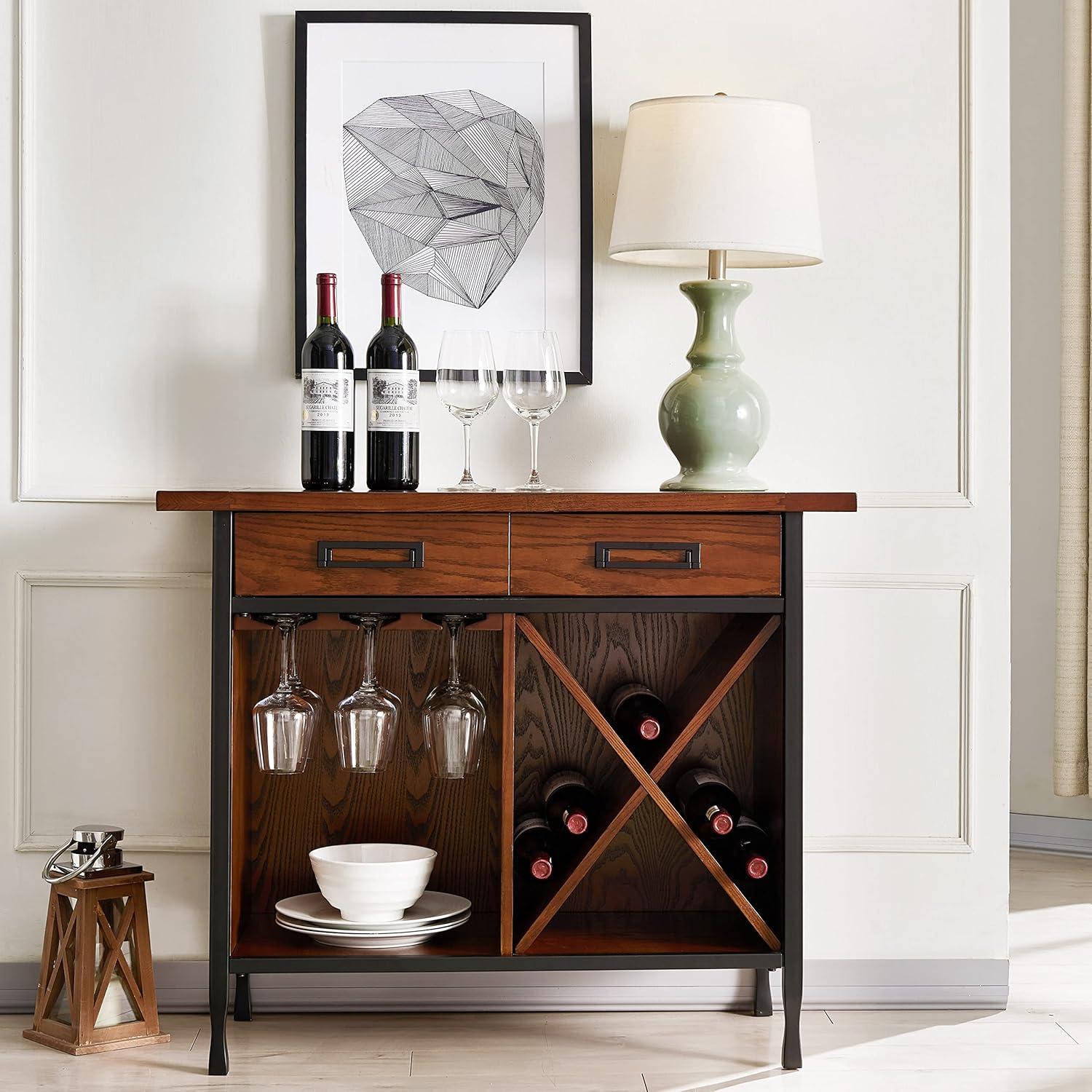 imageLeick Home 9061SL Mission Wine Stand with Glass and Bottle Storage Two Drawer for Buffet Dining Room Living Room Kitchen Slate Black FinishMission Oak