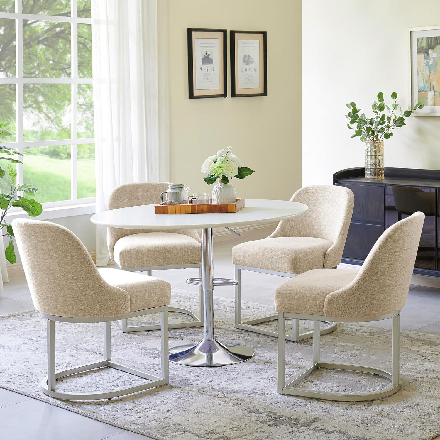 imageLeick Home Barrelback Chair Set of 2 for Dining Room Modern Oatmeal Linen Seat and Pewter Metal Base 2Pack