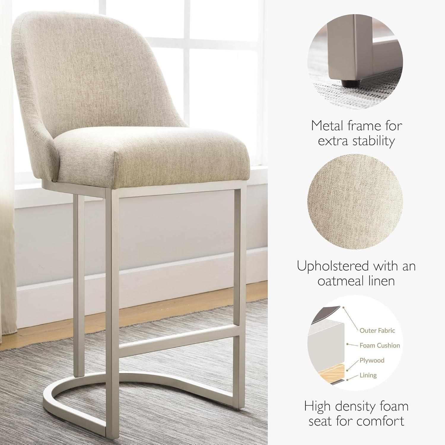 imageLeick Home Barrelback Counter Stool Set of 2 Counter Height Upholstered Beige Linen Cushion Silver Metal Base Easy Assembly 2075 in L x 2325 in W x 385 in H Item 214528