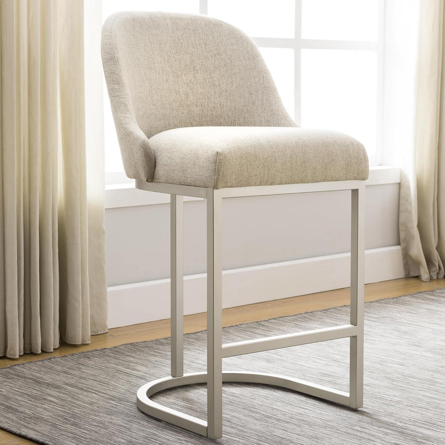 imageLeick Home Barrelback Counter Stool Set of 2 Counter Height Upholstered Beige Linen Cushion Silver Metal Base Easy Assembly 2075 in L x 2325 in W x 385 in H Item 214528