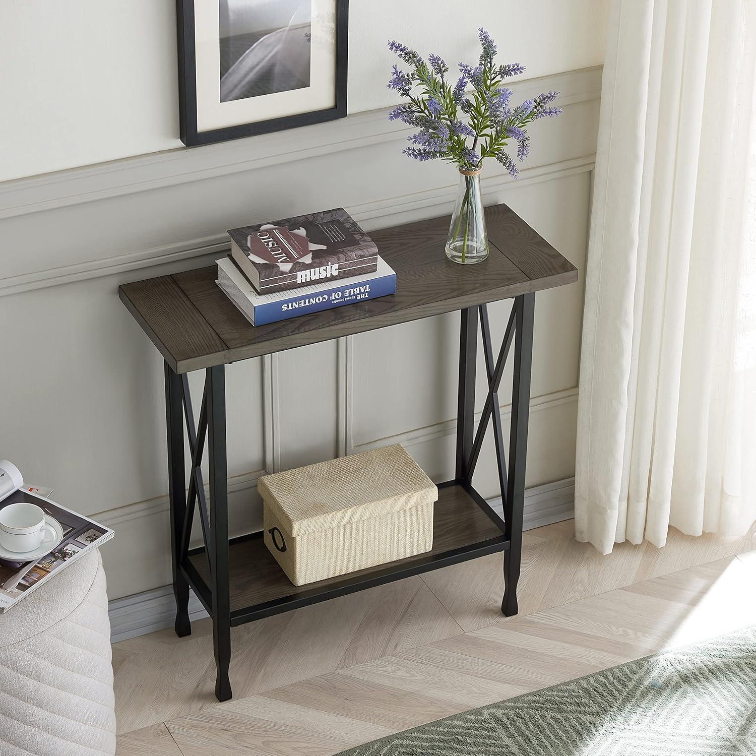 imageLeick Home Boa Console Table Solid Wood Bottom Display Shelf Narrow Depth EasyAssembly For Living RoomHallway Chocolate Cherry 380 in W x 140 in D x 300 in H 10332Smoke Gray Matte Black