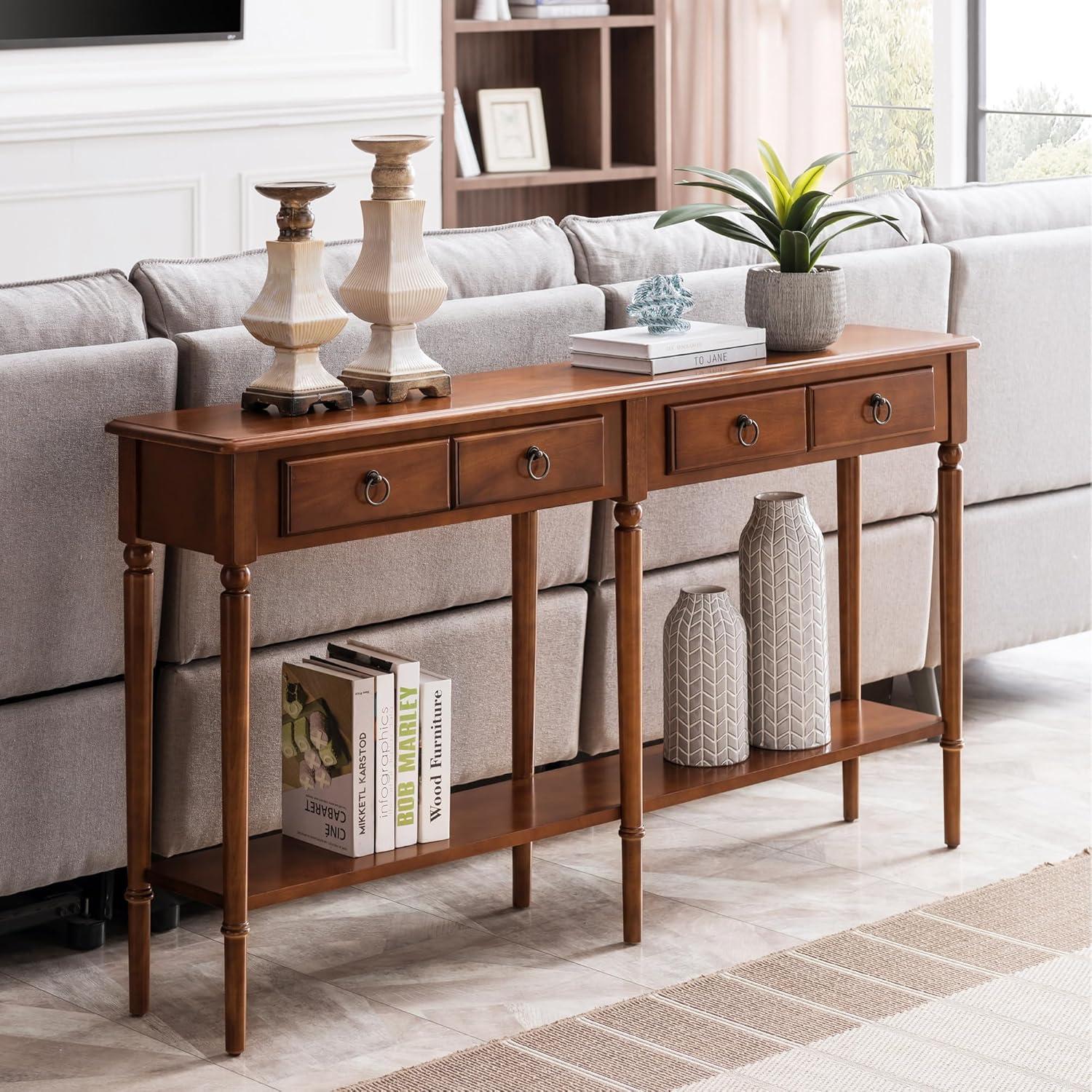 imageLeick Home Coastal Console Table Solid Wood with Drawer and Shelf for Entryways Hallways and Living Rooms Pecan Brown 20027PCPecan