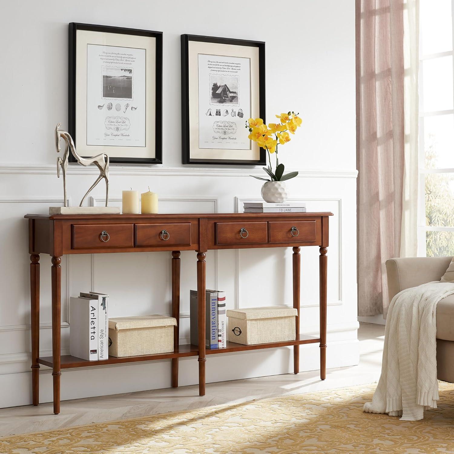 imageLeick Home Coastal Console Table Solid Wood with Drawer and Shelf for Entryways Hallways and Living Rooms Pecan Brown 20027PCPecan