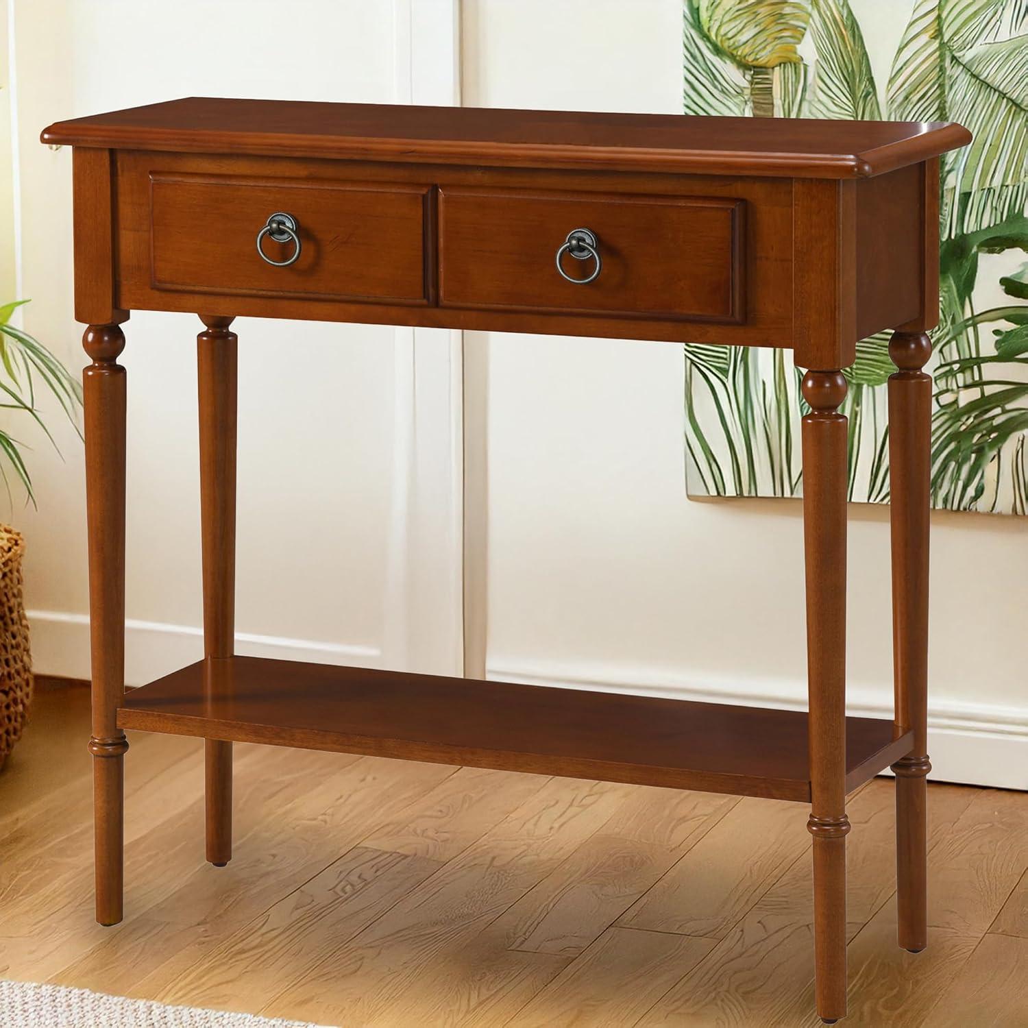 imageLeick Home Coastal Console Table Solid Wood with Drawer and Shelf for Entryways Hallways and Living Rooms Pecan Brown 20027PCPecan