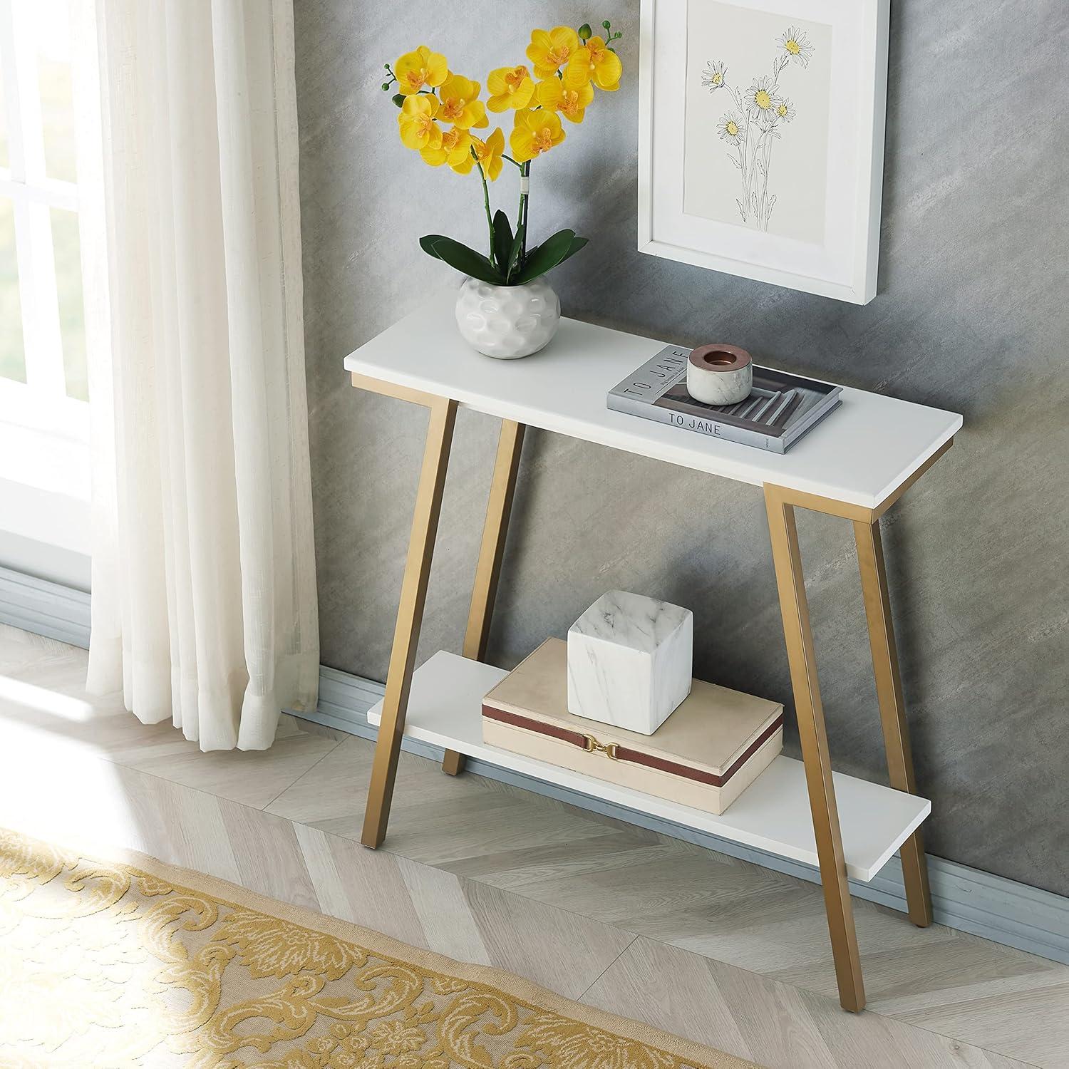 imageLeick Home Empiria Console Table Wood with Metal Frame 2 Shelves for Entryways Hallways and Living Rooms White and Gold 11431WTWhite