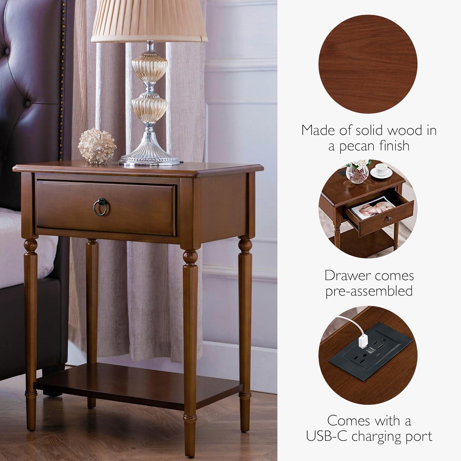 imageLeick Home Laurent Side Table Nightstand with USBC Charging Station Solid Wood Perfect for Bedrooms Living Rooms and Small Spaces 16D x 24W x 28H Chocolate Cherry BrownPecan