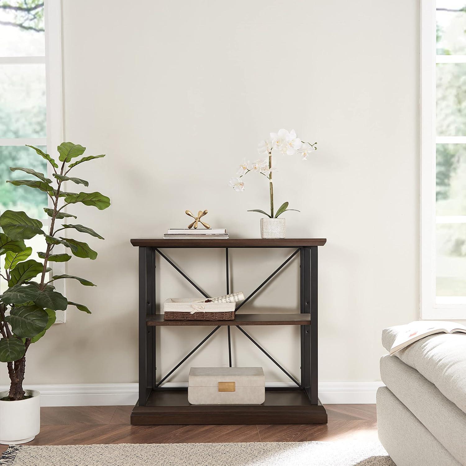 imageLeick Home Mission Impeccable Bookshelf Solid Wood 2 Drawers 2 Shelves Slatted Sides Blackened Hardware Easy Assembly Russet Brown 12 in D x 34 in W x 30 in H Item 8261Dark Earth Matte Black