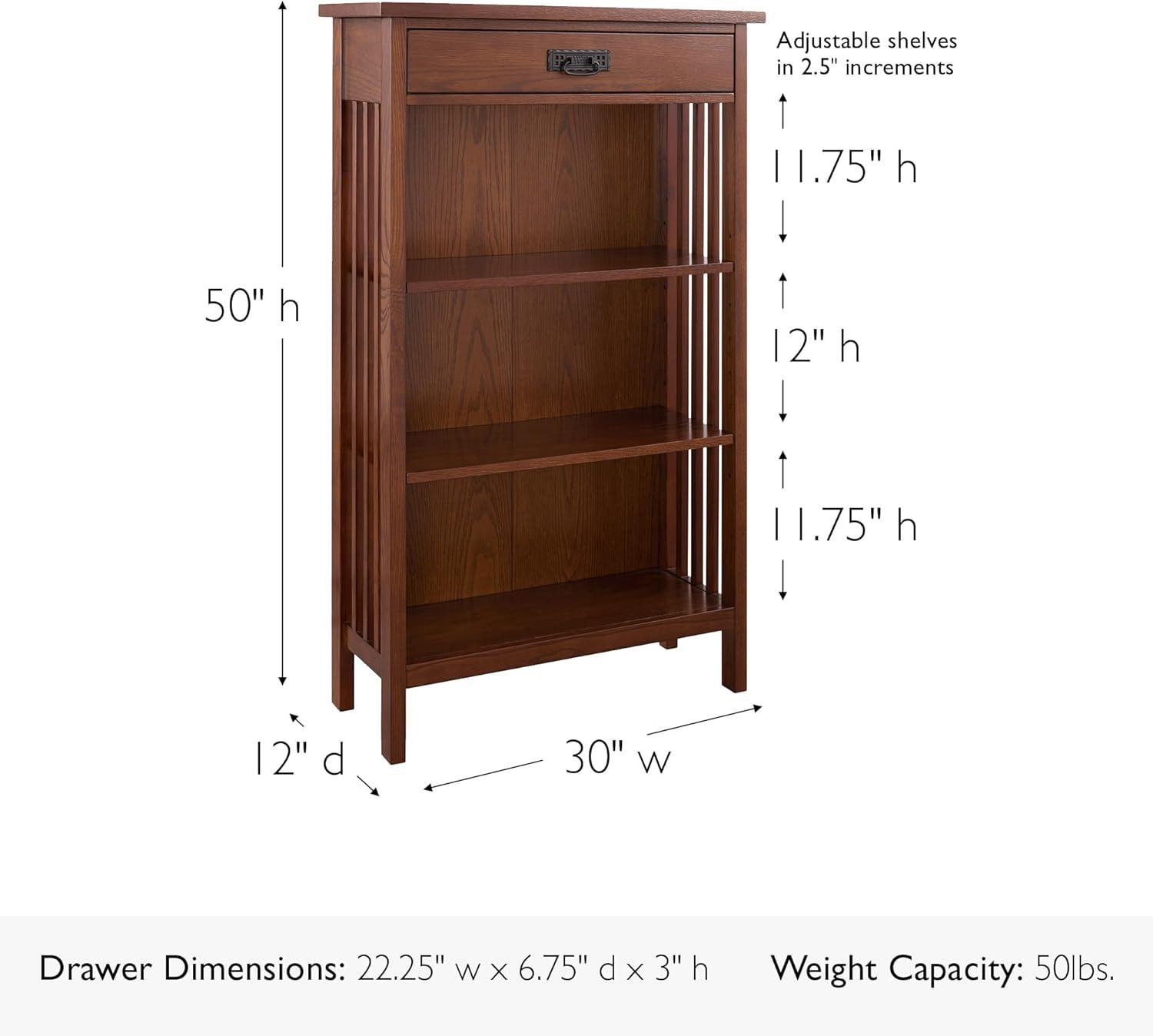 imageLeick Home Mission Impeccable Bookshelf Solid Wood 2 Drawers 2 Shelves Slatted Sides Blackened Hardware Easy Assembly Russet Brown 12 in D x 34 in W x 30 in H Item 8261Mission Oak Blackened