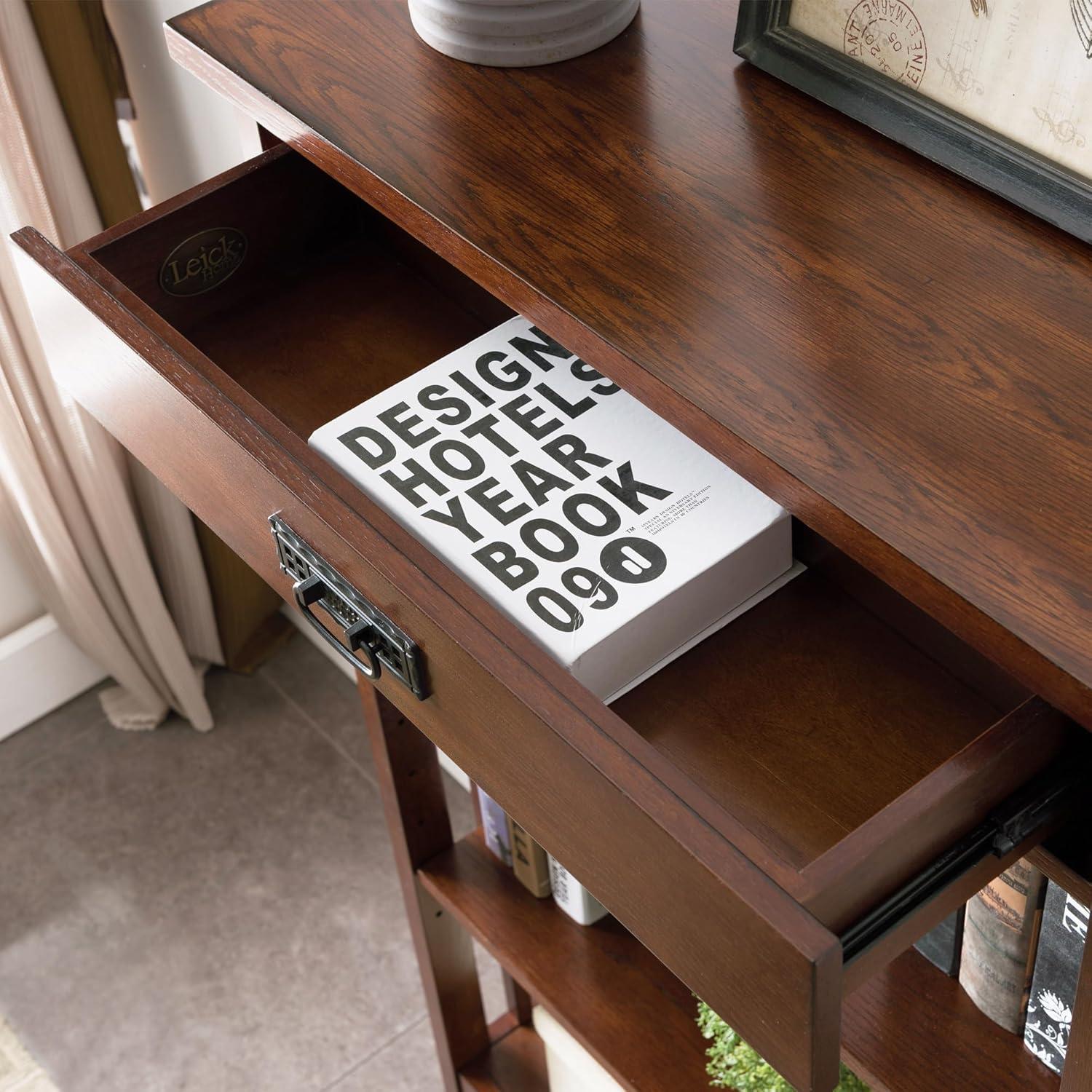 imageLeick Home Mission Impeccable Bookshelf Solid Wood 2 Drawers 2 Shelves Slatted Sides Blackened Hardware Easy Assembly Russet Brown 12 in D x 34 in W x 30 in H Item 8261Mission Oak Blackened