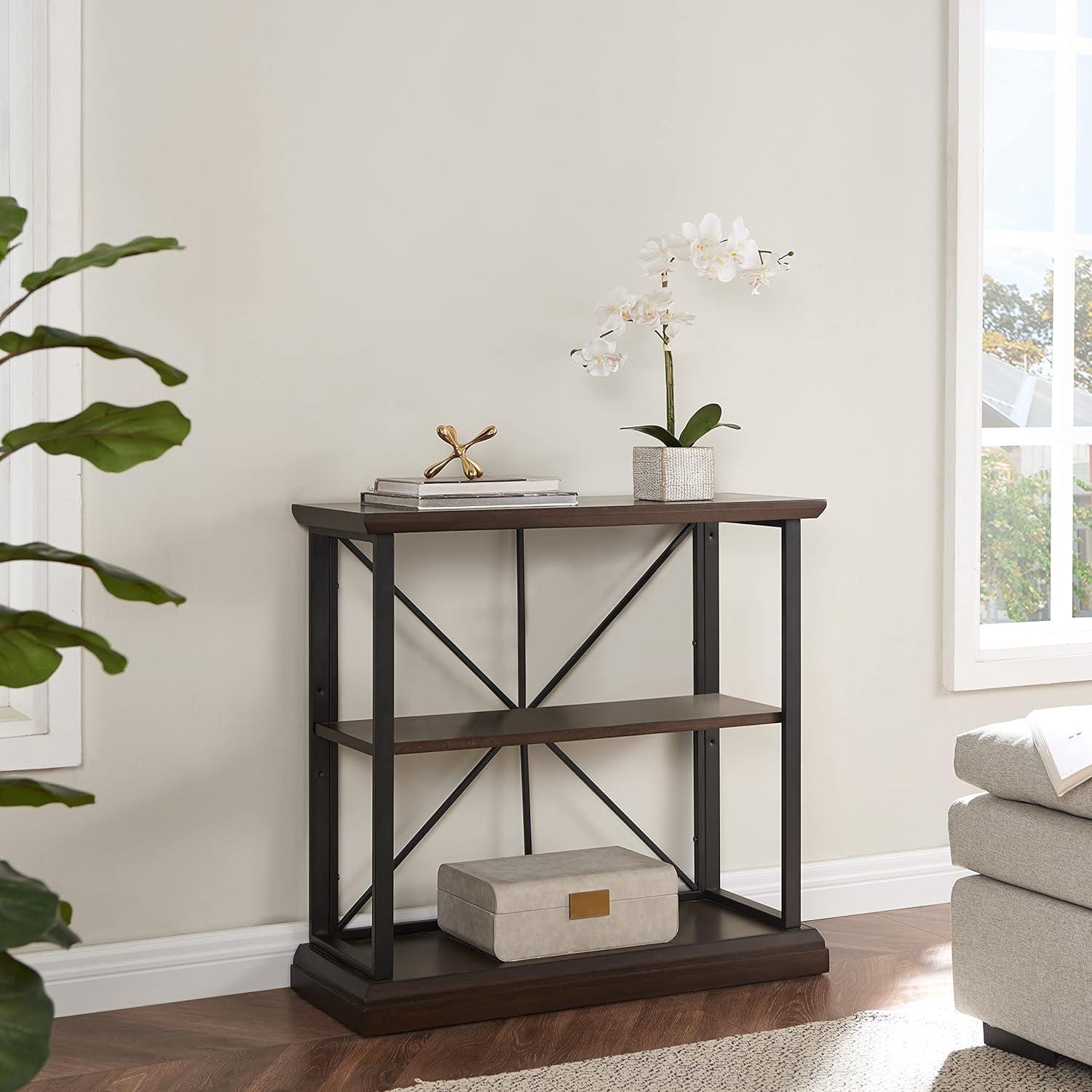 imageLeick Home Mission Impeccable Bookshelf Solid Wood 2 Drawers 2 Shelves Slatted Sides Blackened Hardware Easy Assembly Russet Brown 12 in D x 34 in W x 30 in H Item 8261Dark Earth Matte Black