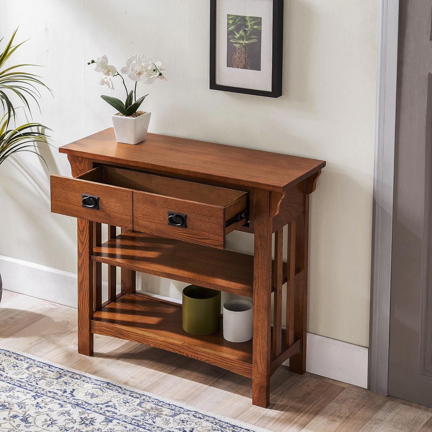 imageLeick Home Mission Impeccable Bookshelf Solid Wood 2 Drawers 2 Shelves Slatted Sides Blackened Hardware Easy Assembly Russet Brown 12 in D x 34 in W x 30 in H Item 8261Medium Oak Blackened