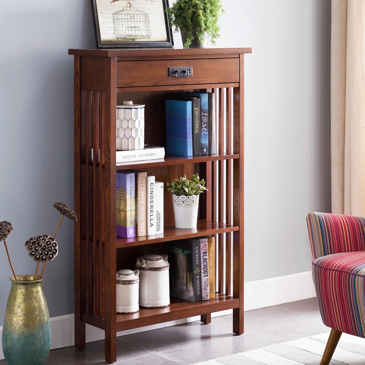 imageLeick Home Mission Impeccable Bookshelf Solid Wood 2 Drawers 2 Shelves Slatted Sides Blackened Hardware Easy Assembly Russet Brown 12 in D x 34 in W x 30 in H Item 8261Mission Oak Blackened