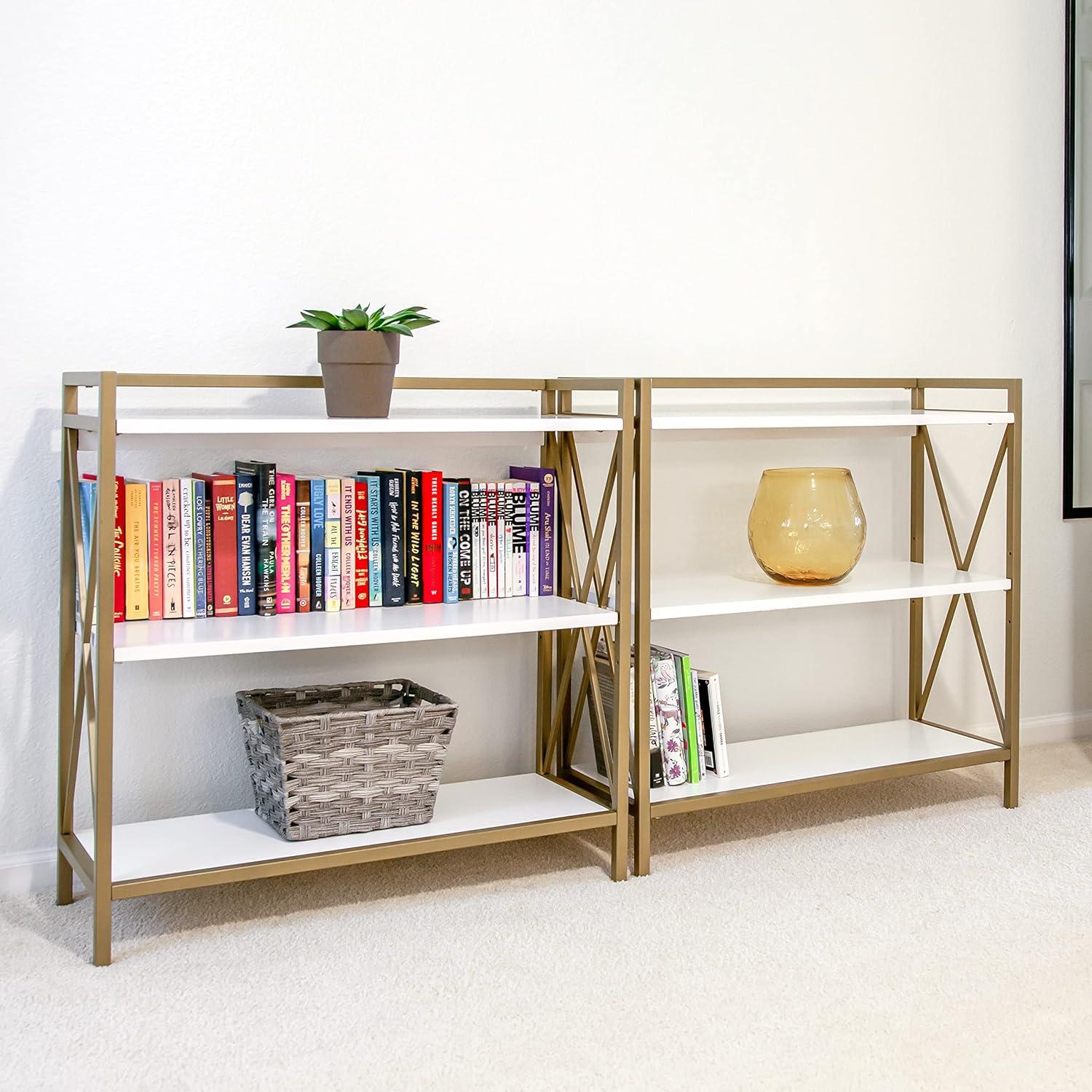 imageLeick Home Mission Impeccable Bookshelf Solid Wood 2 Drawers 2 Shelves Slatted Sides Blackened Hardware Easy Assembly Russet Brown 12 in D x 34 in W x 30 in H Item 8261White Gold