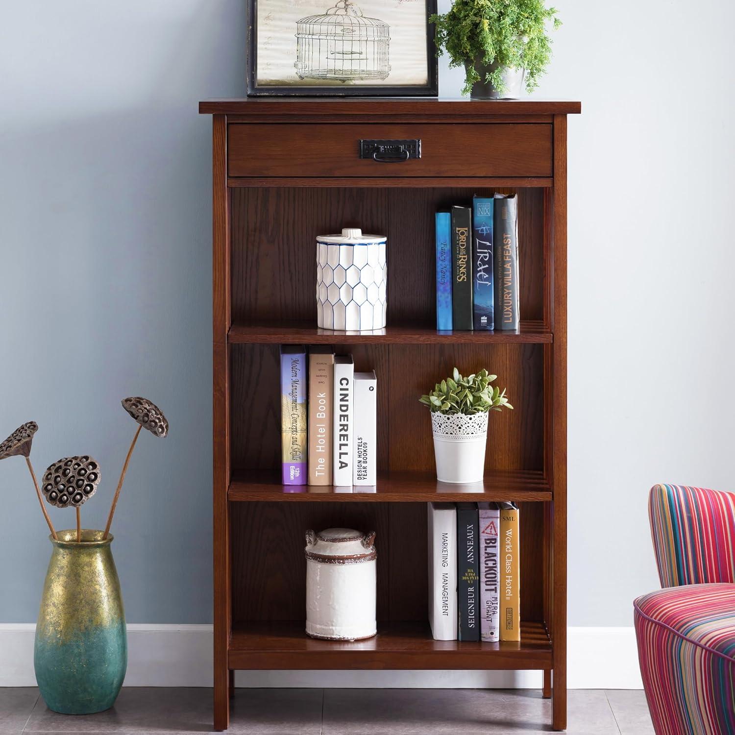 imageLeick Home Mission Impeccable Bookshelf Solid Wood 2 Drawers 2 Shelves Slatted Sides Blackened Hardware Easy Assembly Russet Brown 12 in D x 34 in W x 30 in H Item 8261Mission Oak Blackened