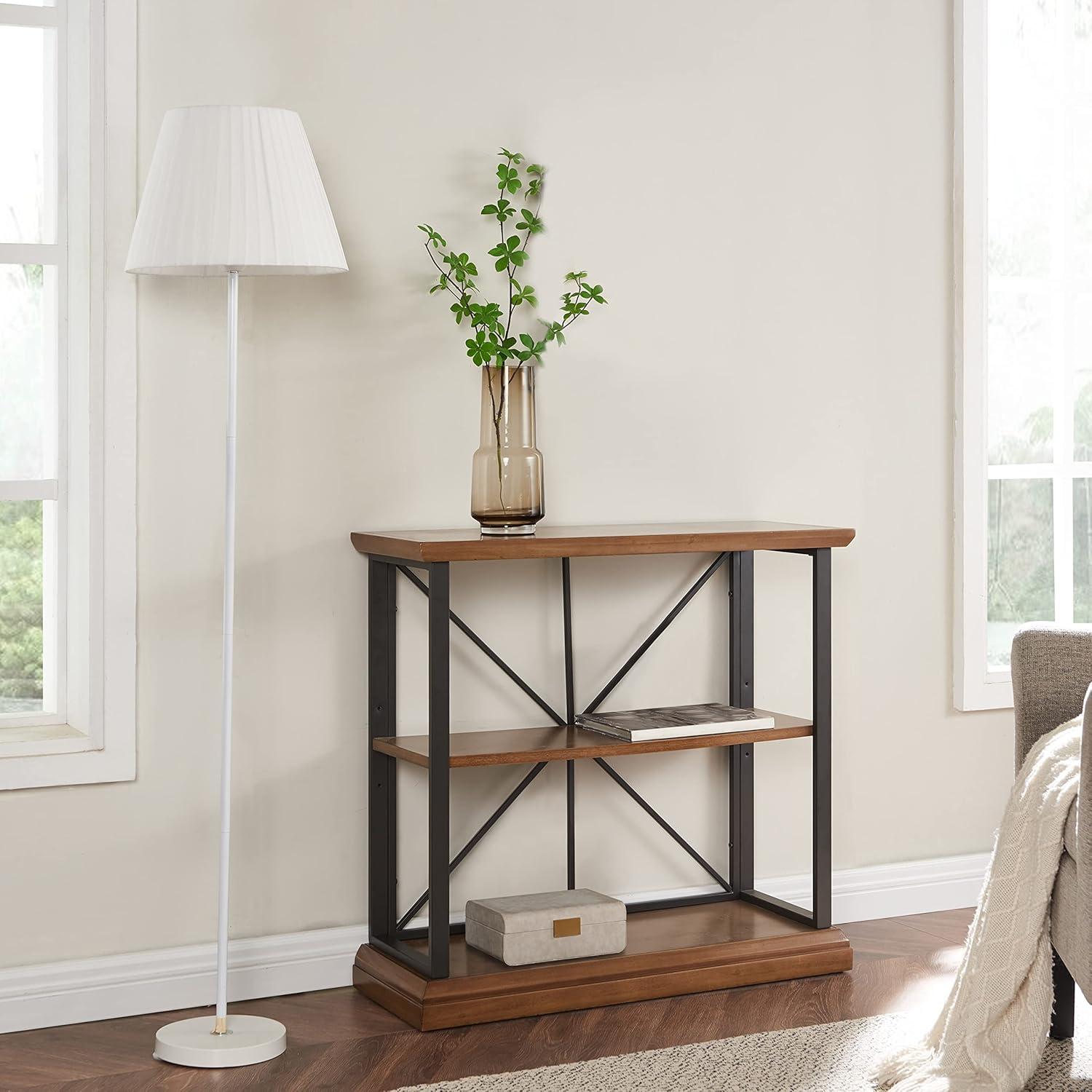 imageLeick Home Mission Impeccable Bookshelf Solid Wood 2 Drawers 2 Shelves Slatted Sides Blackened Hardware Easy Assembly Russet Brown 12 in D x 34 in W x 30 in H Item 8261Willow Gunmetal