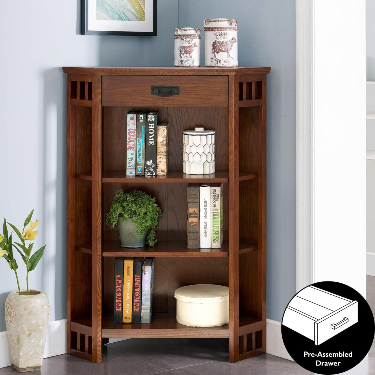 imageLeick Home Mission Impeccable Bookshelf Solid Wood 2 Drawers 2 Shelves Slatted Sides Blackened Hardware Easy Assembly Russet Brown 12 in D x 34 in W x 30 in H Item 8261Mission Oak Blackened