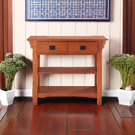 imageLeick Home Mission Impeccable Bookshelf Solid Wood 2 Drawers 2 Shelves Slatted Sides Blackened Hardware Easy Assembly Russet Brown 12 in D x 34 in W x 30 in H Item 8261Medium Oak Blackened