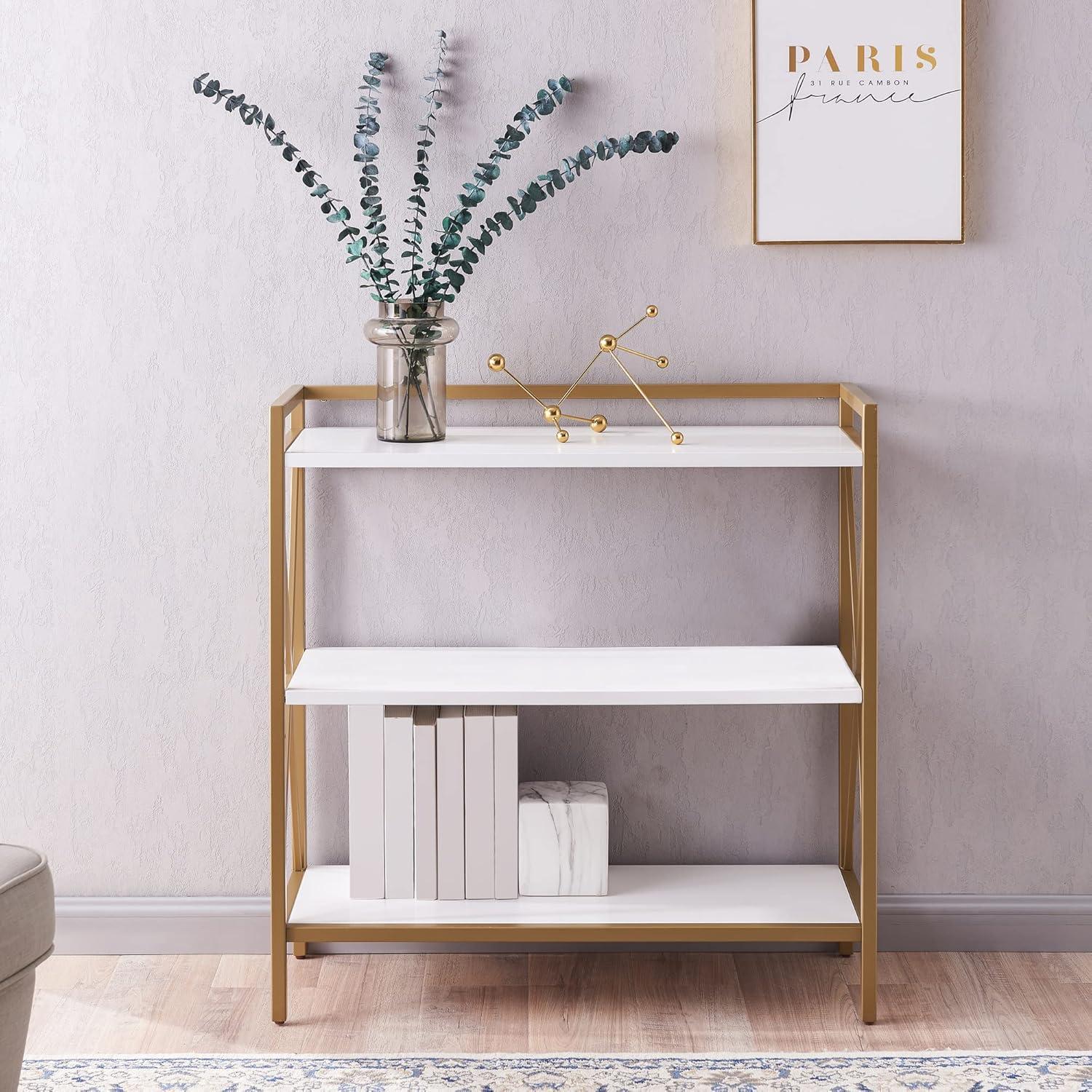 imageLeick Home Mission Impeccable Bookshelf Solid Wood 2 Drawers 2 Shelves Slatted Sides Blackened Hardware Easy Assembly Russet Brown 12 in D x 34 in W x 30 in H Item 8261White Gold
