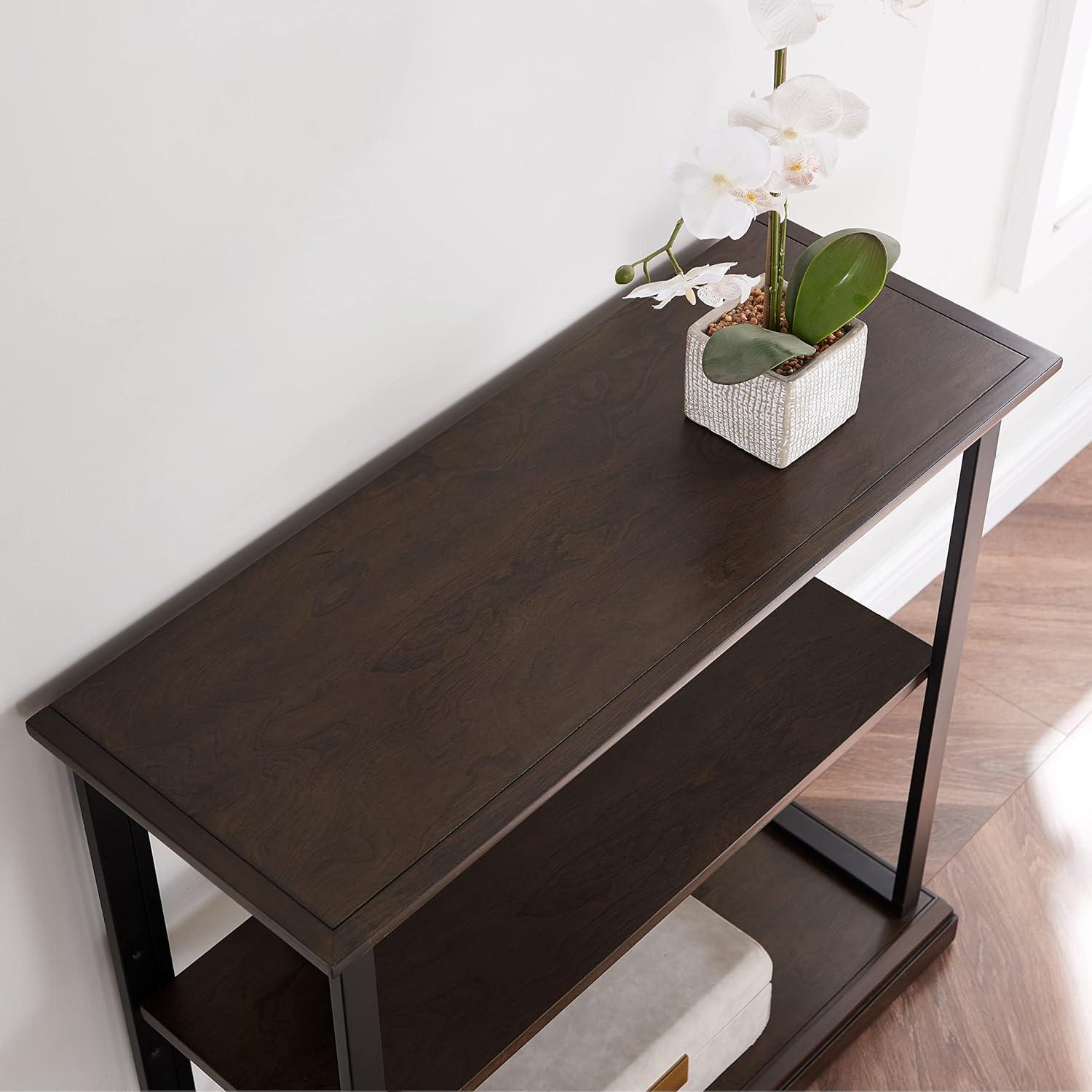 imageLeick Home Mission Impeccable Bookshelf Solid Wood 2 Drawers 2 Shelves Slatted Sides Blackened Hardware Easy Assembly Russet Brown 12 in D x 34 in W x 30 in H Item 8261Dark Earth Matte Black