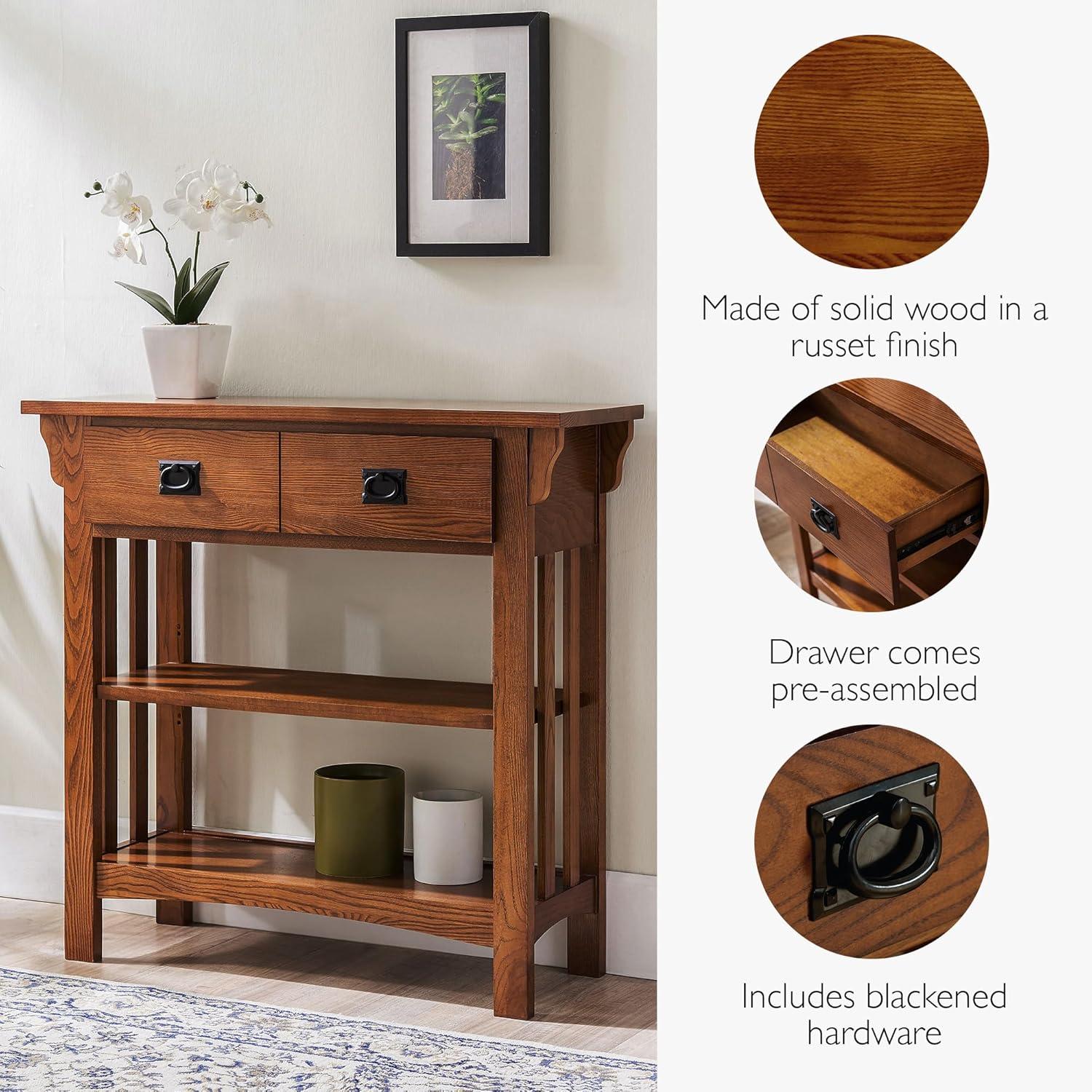 imageLeick Home Mission Impeccable Bookshelf Solid Wood 2 Drawers 2 Shelves Slatted Sides Blackened Hardware Easy Assembly Russet Brown 12 in D x 34 in W x 30 in H Item 8261Medium Oak Blackened