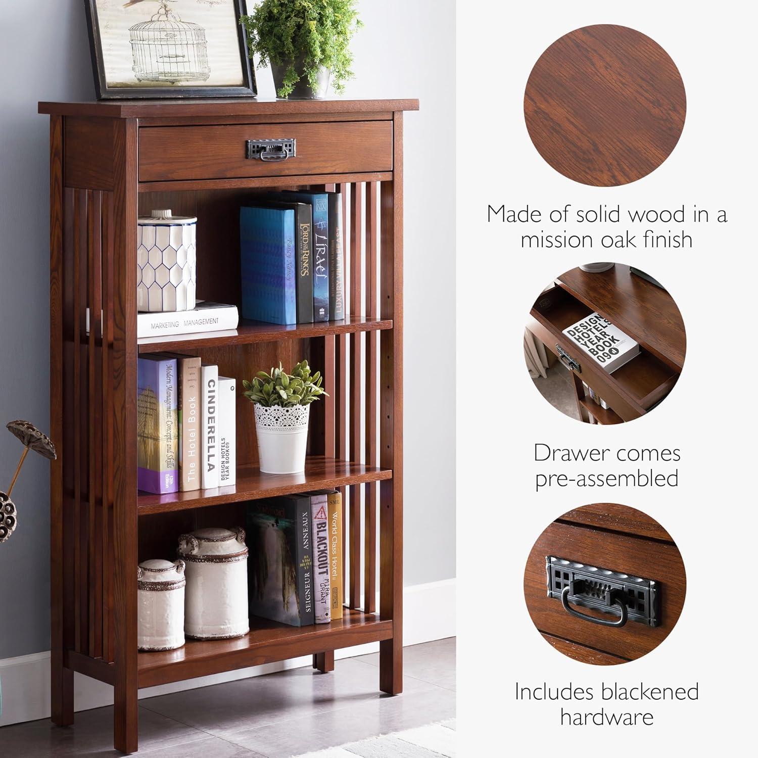imageLeick Home Mission Impeccable Bookshelf Solid Wood 2 Drawers 2 Shelves Slatted Sides Blackened Hardware Easy Assembly Russet Brown 12 in D x 34 in W x 30 in H Item 8261Mission Oak Blackened