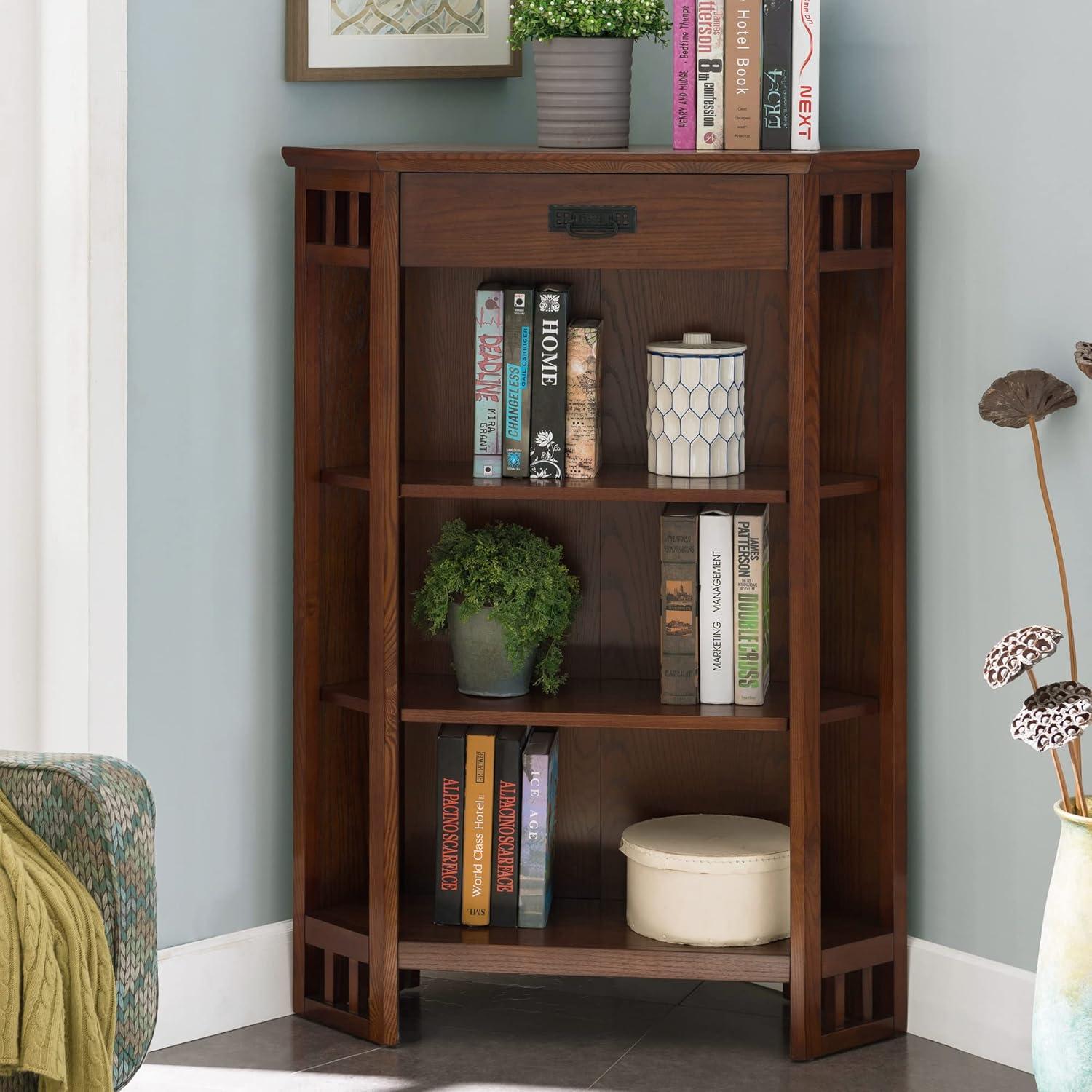 imageLeick Home Mission Impeccable Bookshelf Solid Wood 2 Drawers 2 Shelves Slatted Sides Blackened Hardware Easy Assembly Russet Brown 12 in D x 34 in W x 30 in H Item 8261Mission Oak Blackened