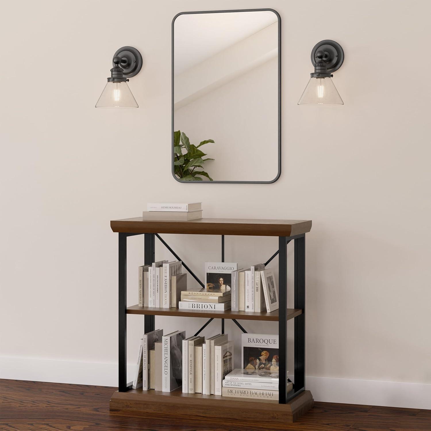 imageLeick Home Mission Impeccable Bookshelf Solid Wood 2 Drawers 2 Shelves Slatted Sides Blackened Hardware Easy Assembly Russet Brown 12 in D x 34 in W x 30 in H Item 8261Willow Gunmetal